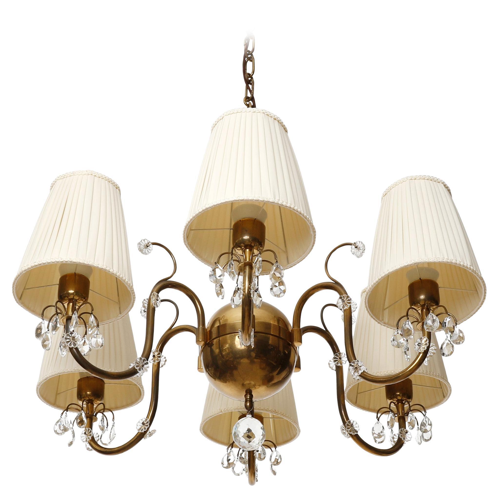 Art déco Lustre pendentif Art Déco, laiton patiné, abat-jour en tissu crème, années 1930 en vente