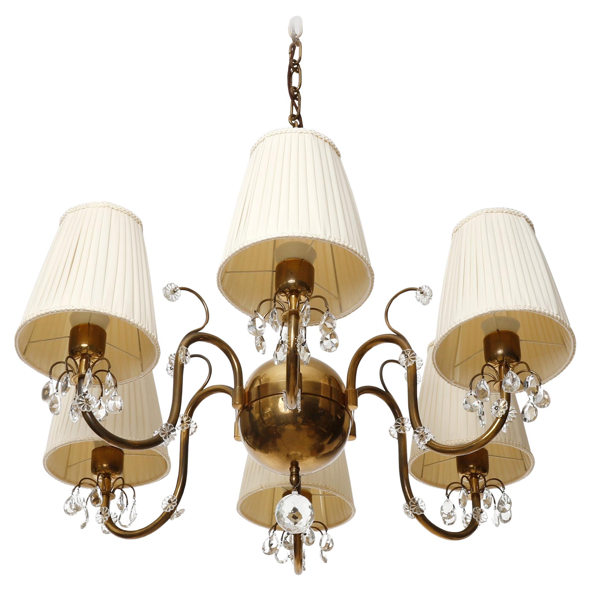 Austrian Art Deco Chandelier Pendant Light, Patinated Brass Cream Fabric Shades, 1930s For Sale