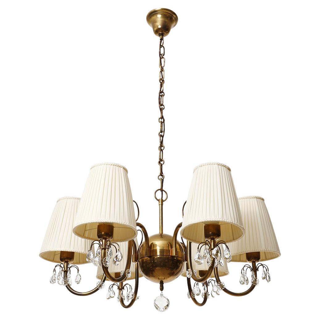Polished Art Deco Chandelier Pendant Light, Patinated Brass Cream Fabric Shades, 1930s For Sale