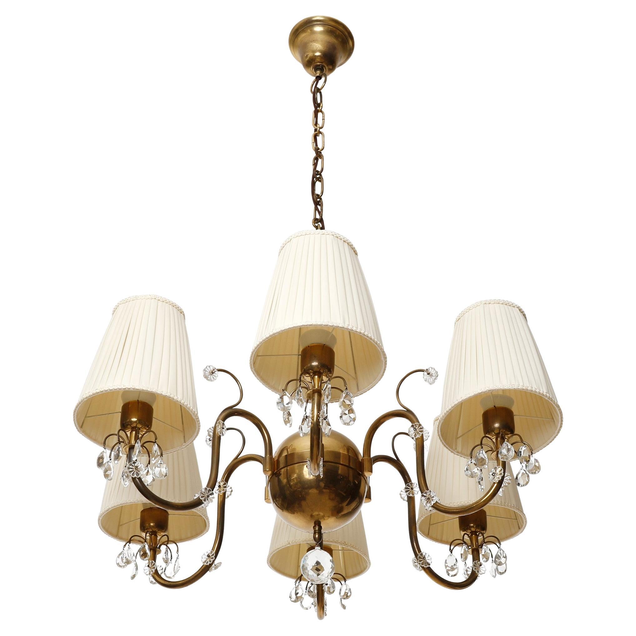 Mid-20th Century Art Deco Chandelier Pendant Light, Patinated Brass Cream Fabric Shades, 1930s For Sale