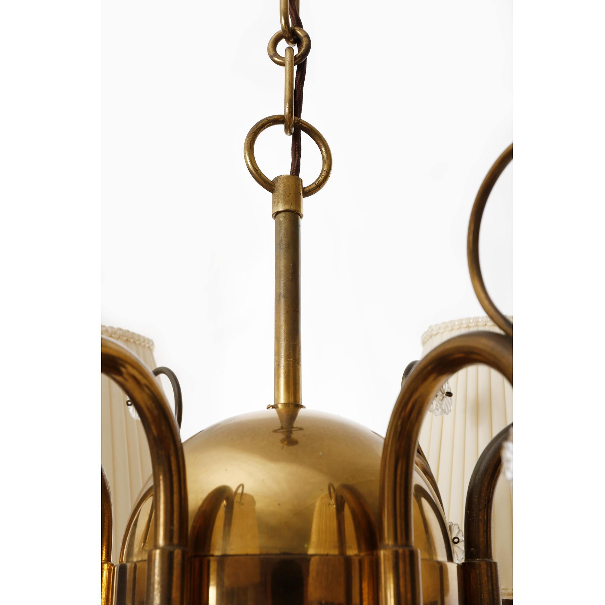 Art Deco Chandelier Pendant Light, Patinated Brass Cream Fabric Shades, 1930s For Sale 3