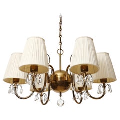 Art Deco Chandelier Pendant Light, Patinated Brass Cream Fabric Shades, 1930s