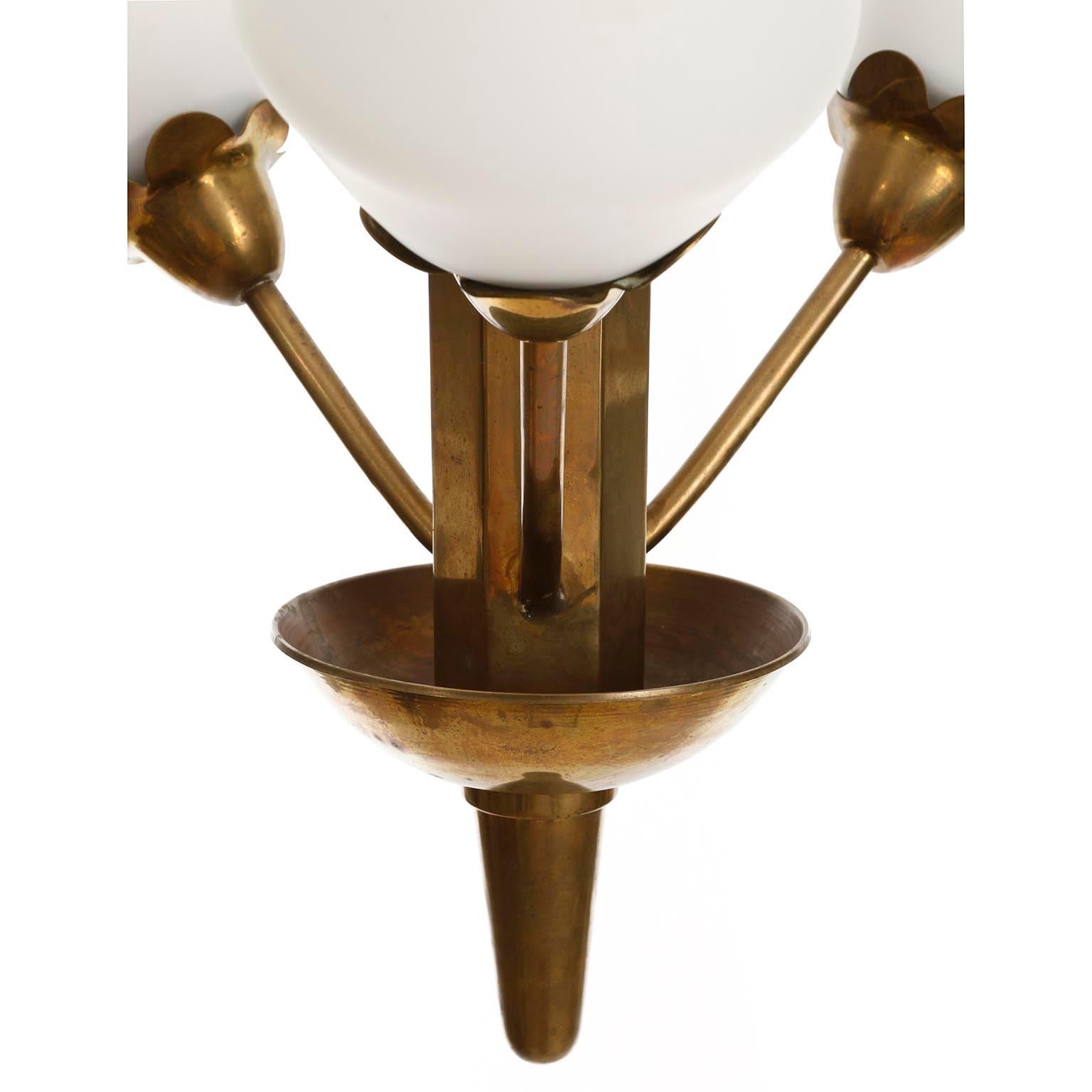 Art Deco Chandelier Pendant, Opal Glass Bronze Patinated Brass, Sweden, 1930s In Good Condition For Sale In Hausmannstätten, AT