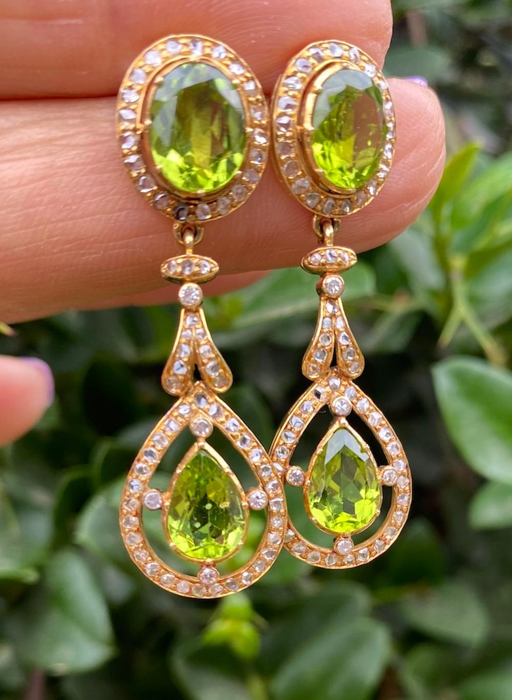 Art Deco Stil Kronleuchter Peridot und Diamant Rosenschliff Ohrringe 1 Karat Gelbgold (Ovalschliff)
