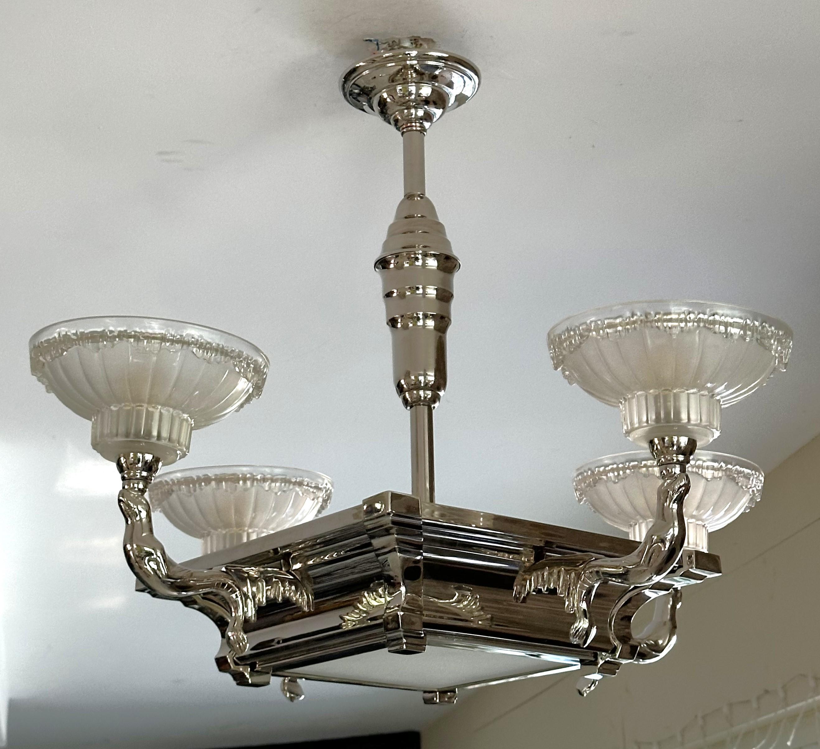 Art Deco Chandelier Seals Boris Lacroix for Petitot, France 1935 For Sale 7