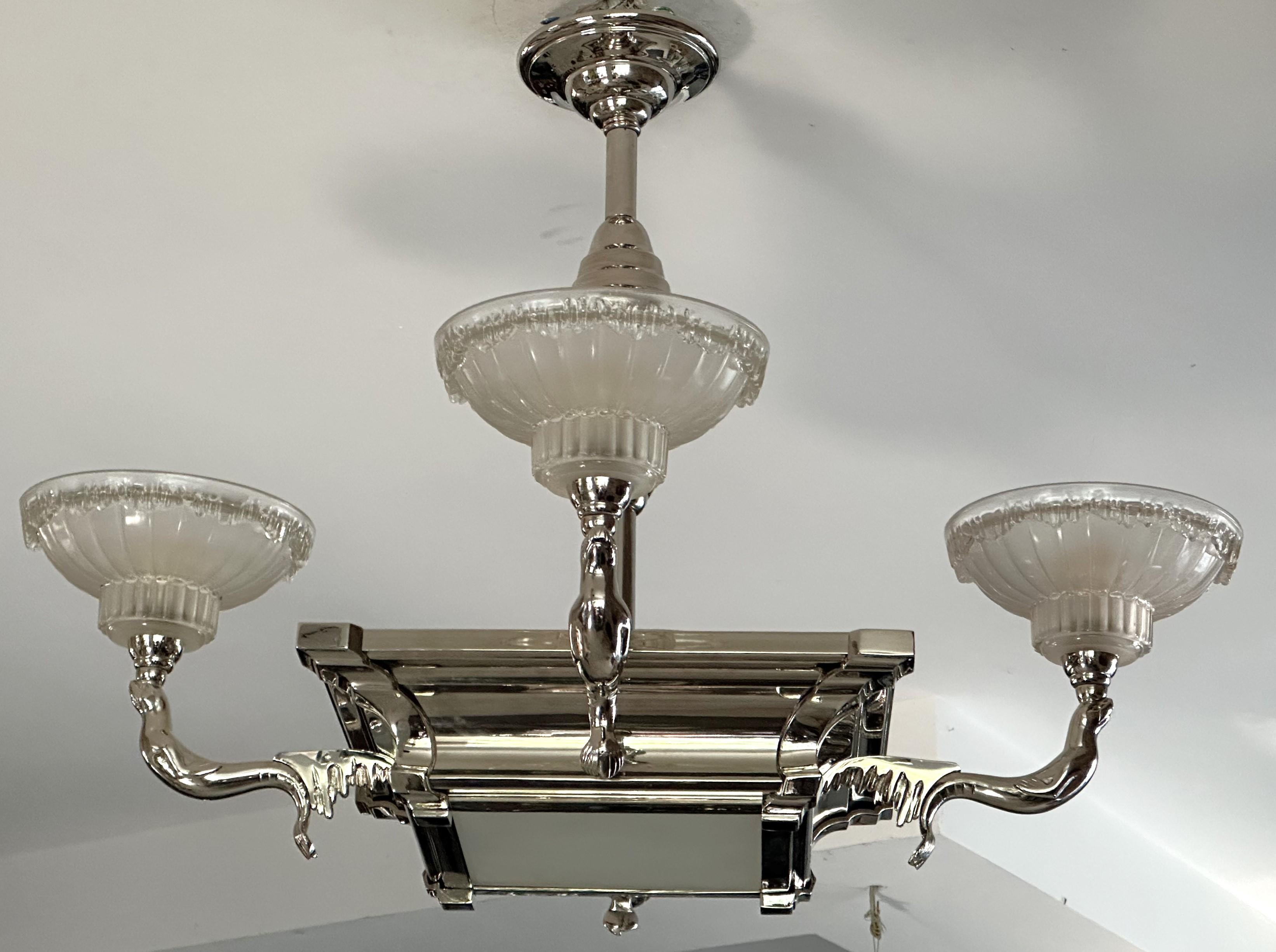 Art Deco Chandelier Seals Boris Lacroix for Petitot, France 1935 For Sale 9
