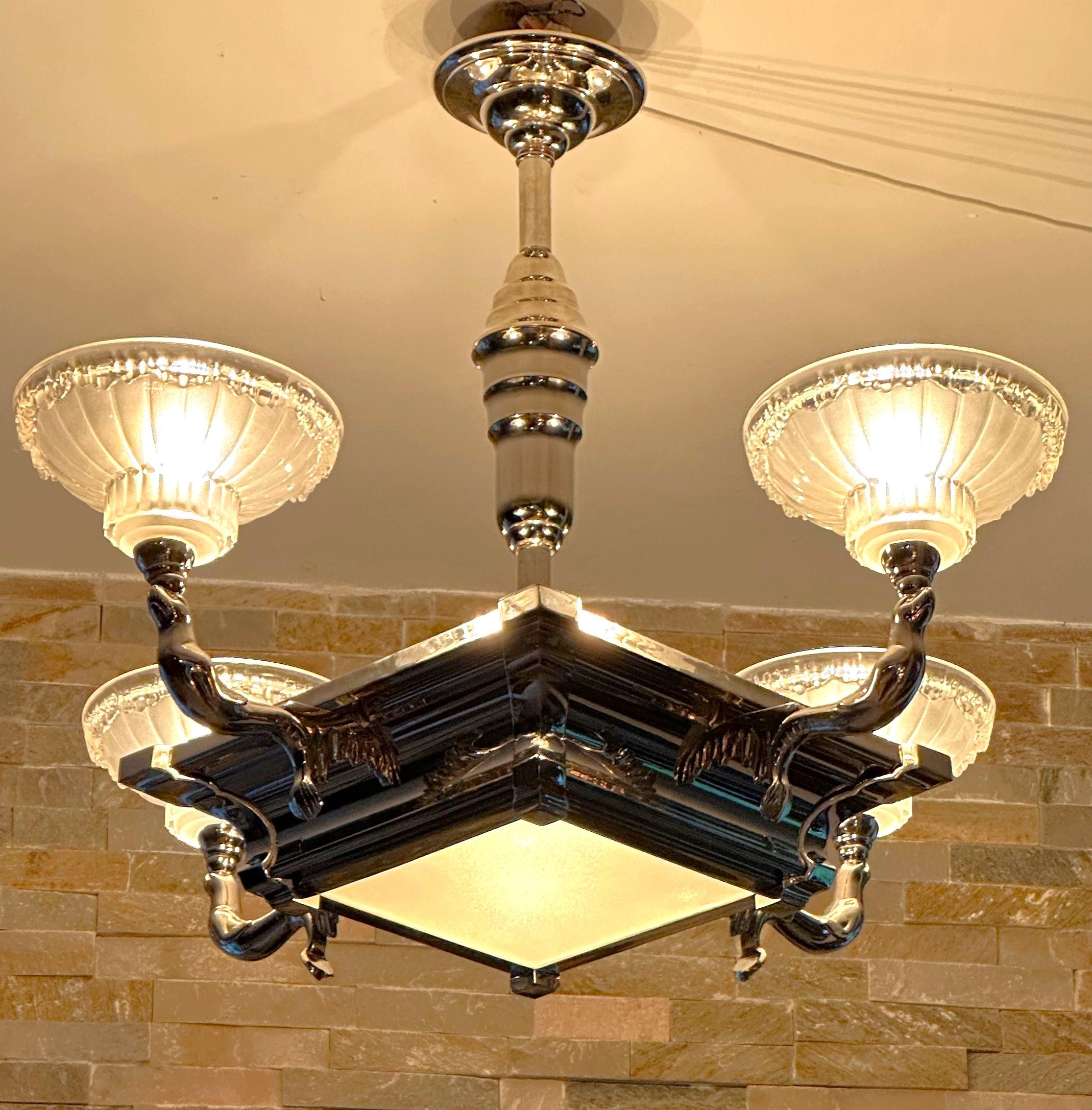 French Art Deco Chandelier Seals Boris Lacroix for Petitot, France 1935 For Sale