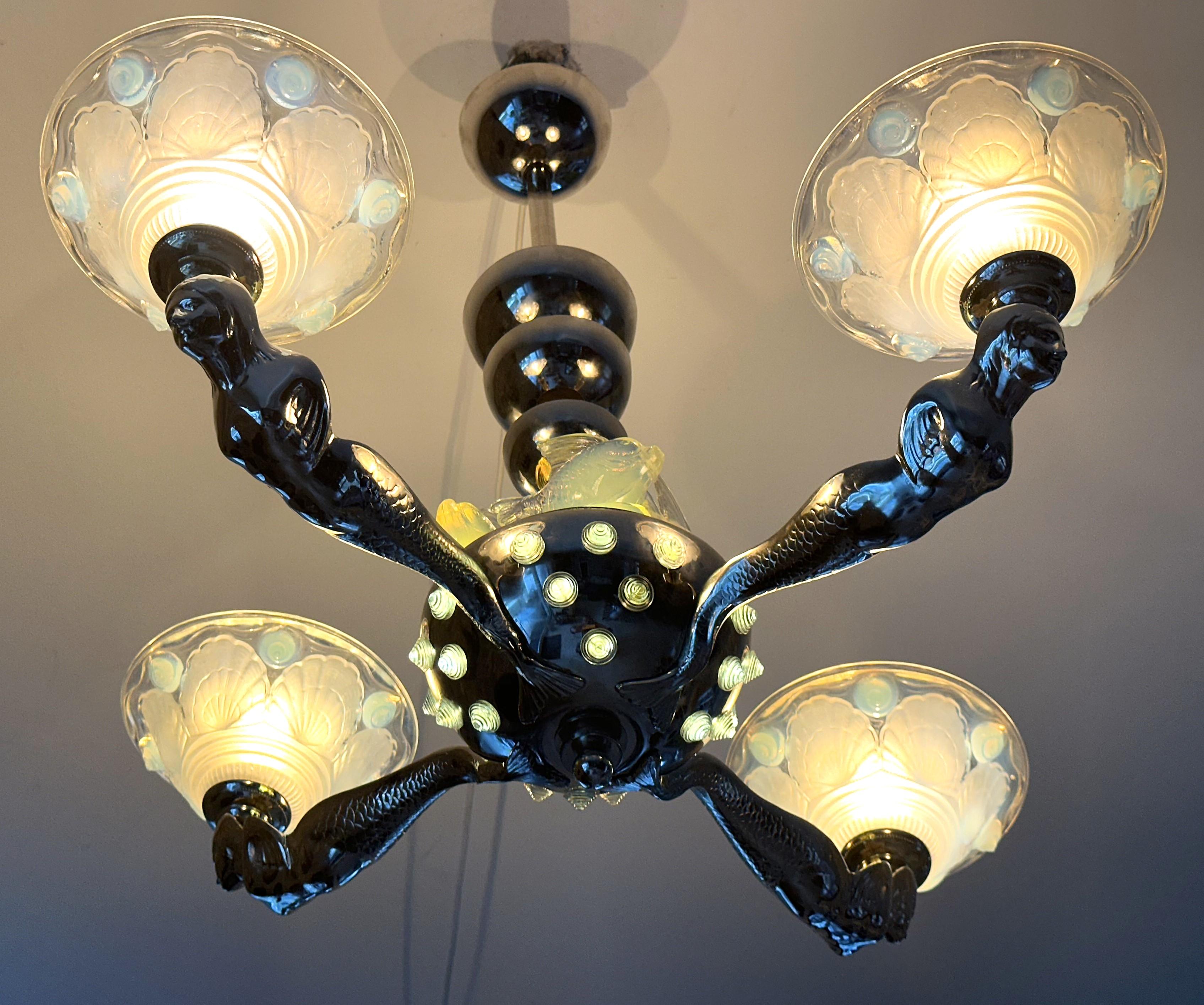 Art Deco Chandelier signed Boris Lacroix, Mermaids, France 1938 For Sale 9