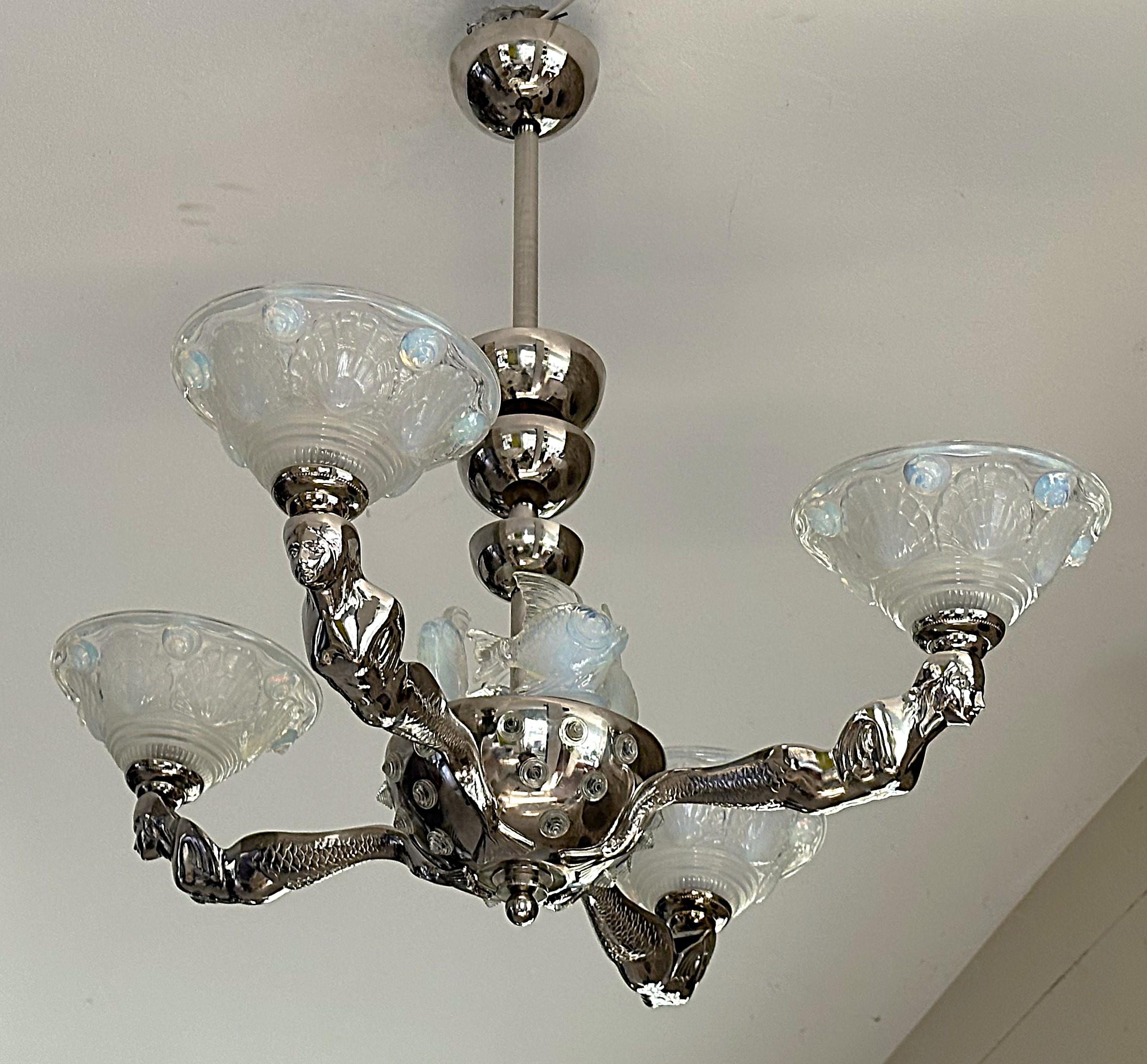 Art Deco Chandelier signed Boris Lacroix, Mermaids, France 1938 For Sale 10