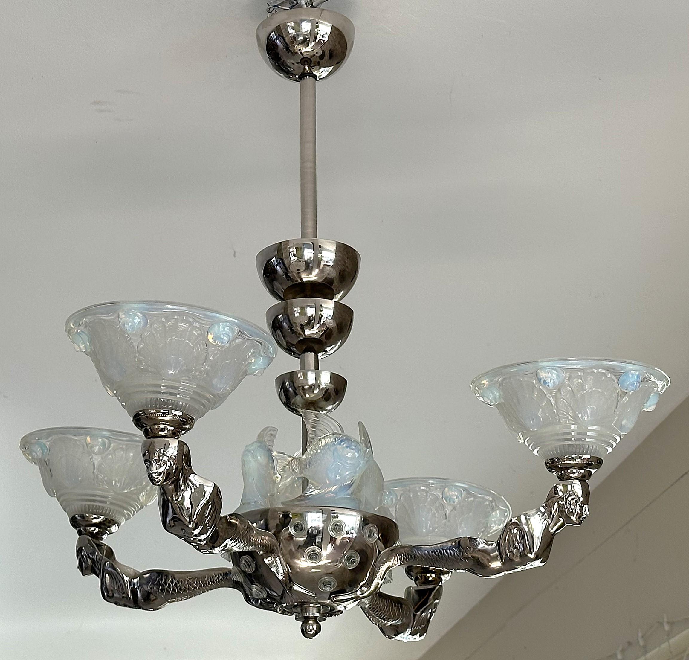 Art Deco Chandelier signed Boris Lacroix, Mermaids, France 1938 For Sale 11