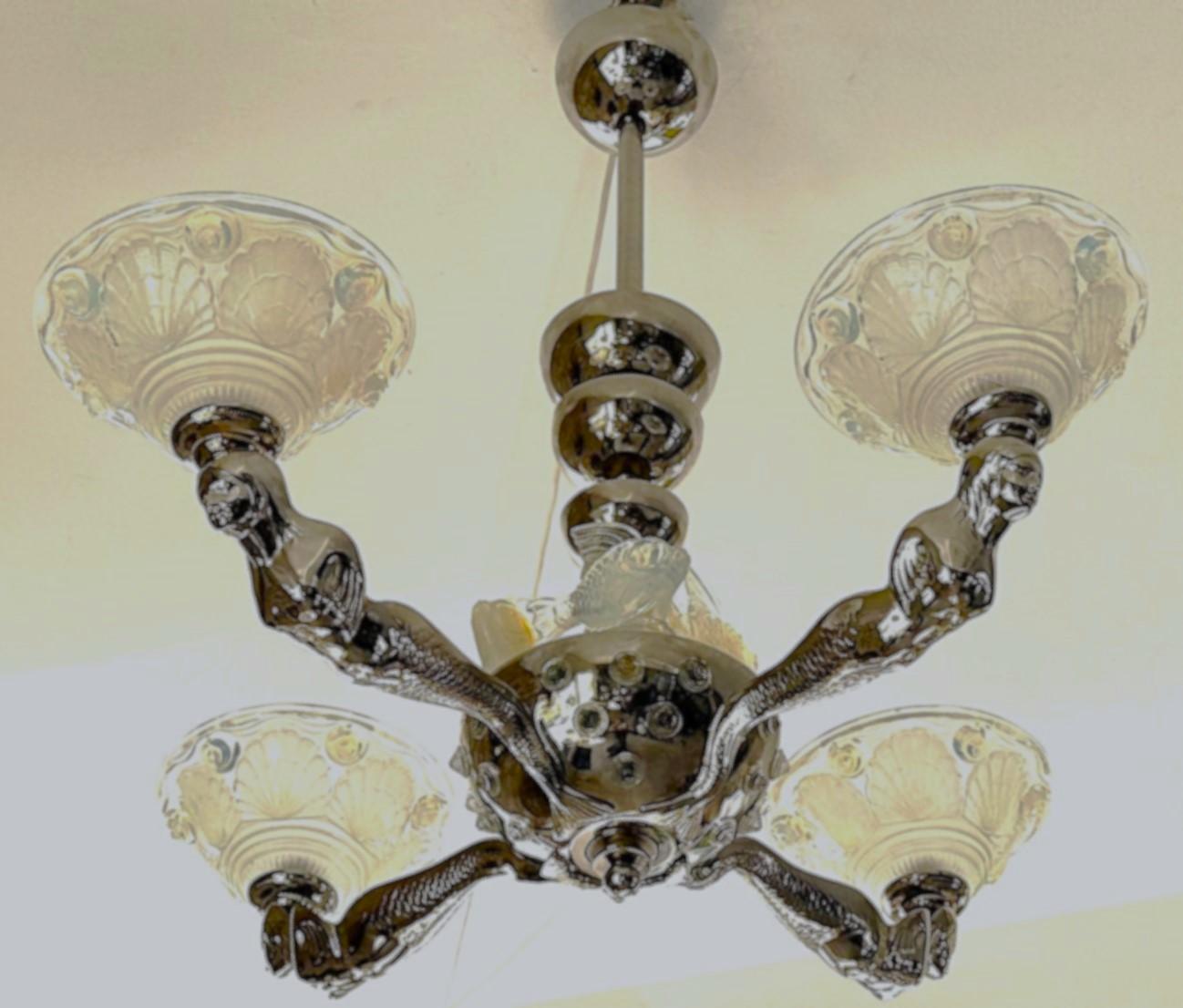 French Art Deco Chandelier signed Boris Lacroix, Mermaids, France 1938 For Sale