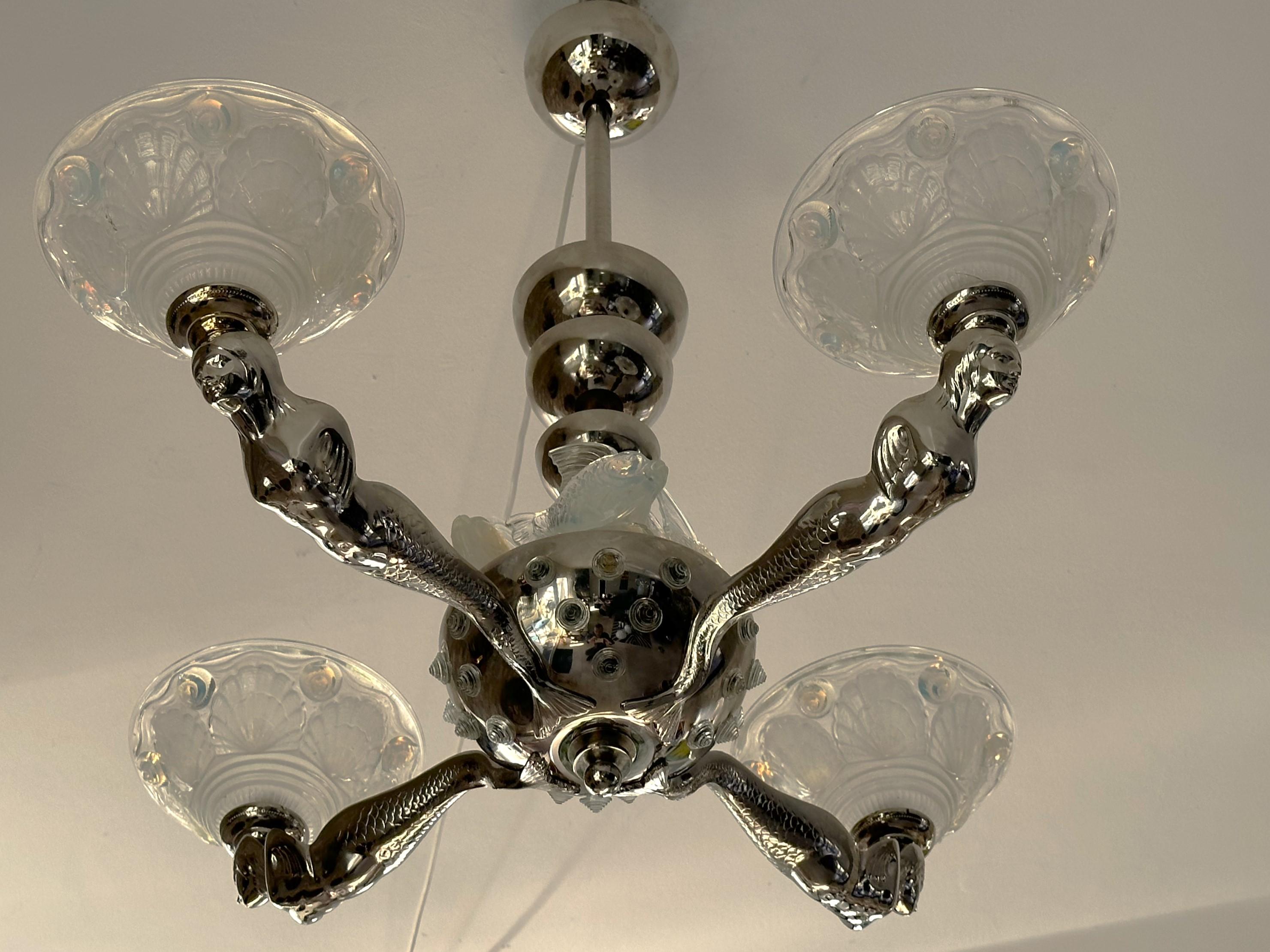 Art Deco Chandelier signed Boris Lacroix, Mermaids, France 1938 In Good Condition For Sale In Saarbruecken, DE