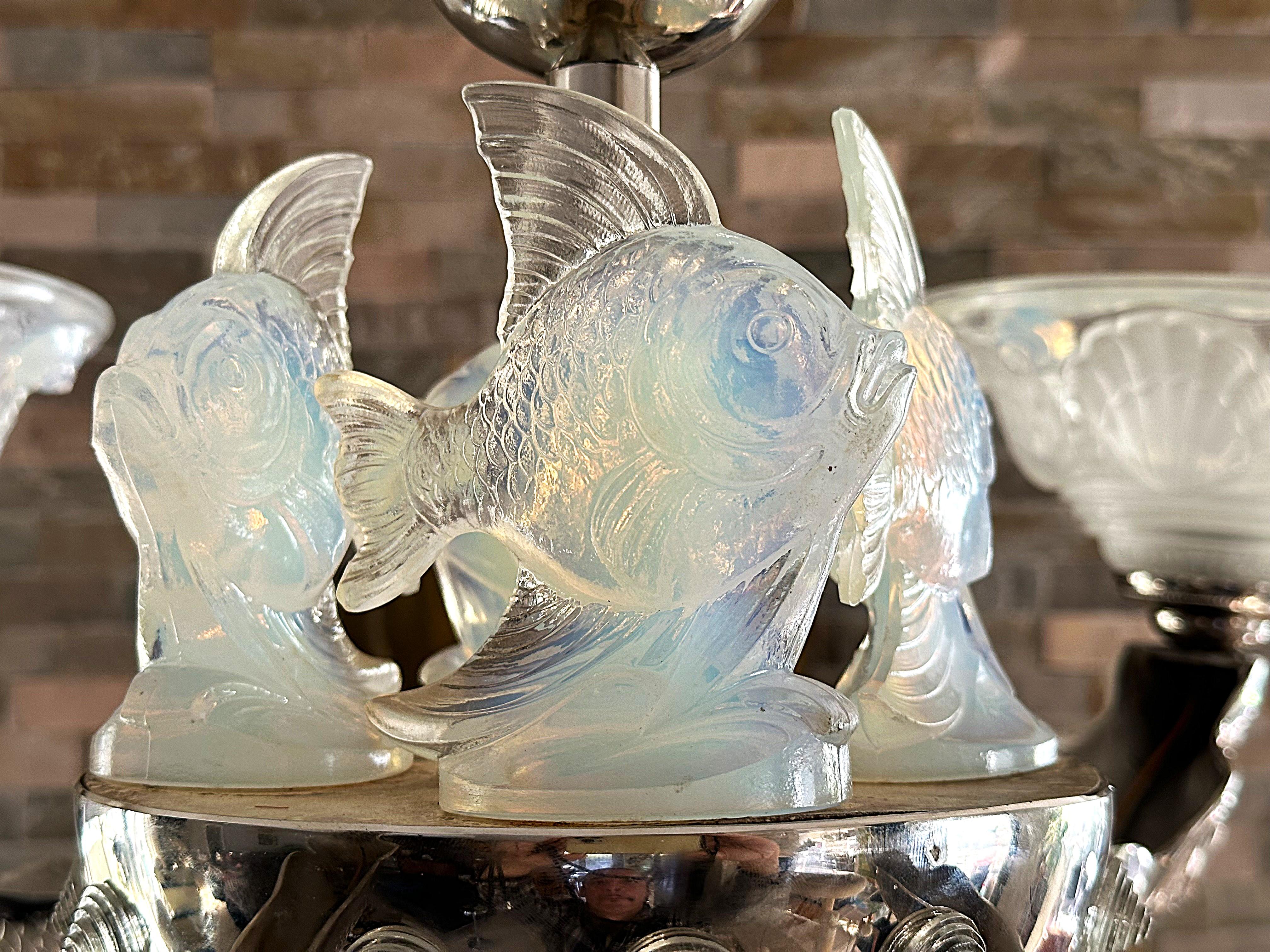 Glass Art Deco Chandelier signed Boris Lacroix, Mermaids, France 1938 For Sale