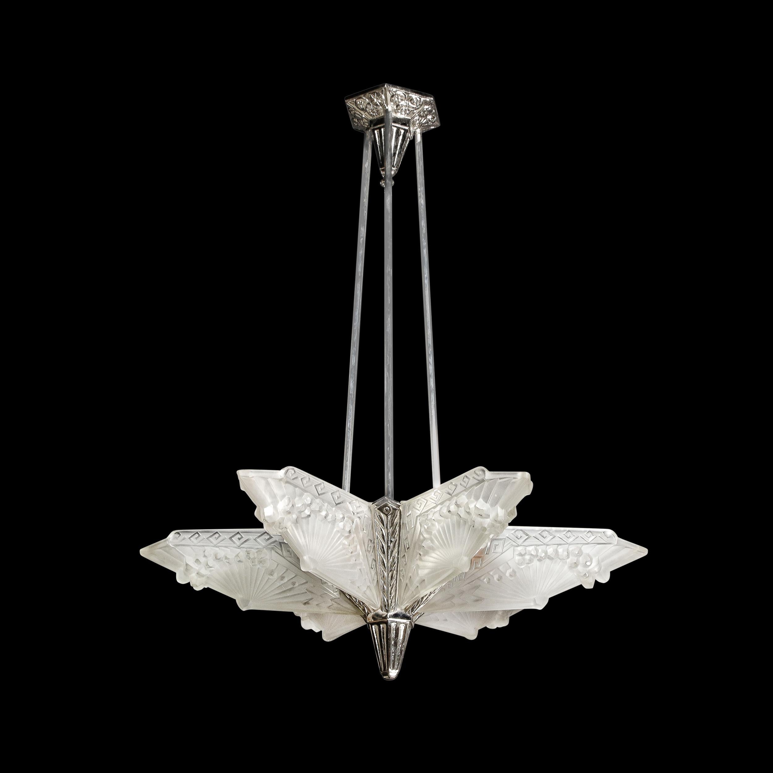 French Art Deco Chandelier signed by Charles Schneider in Frosted Glass with Nickel