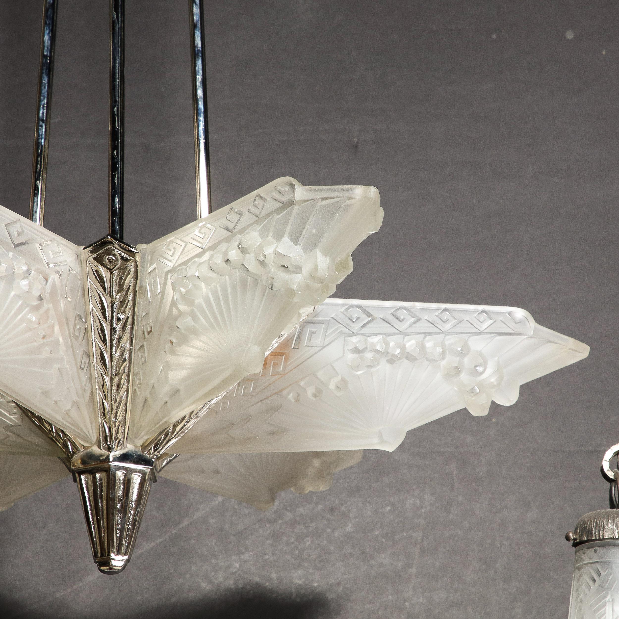 Mid-20th Century Art Deco Chandelier signed by Charles Schneider in Frosted Glass with Nickel