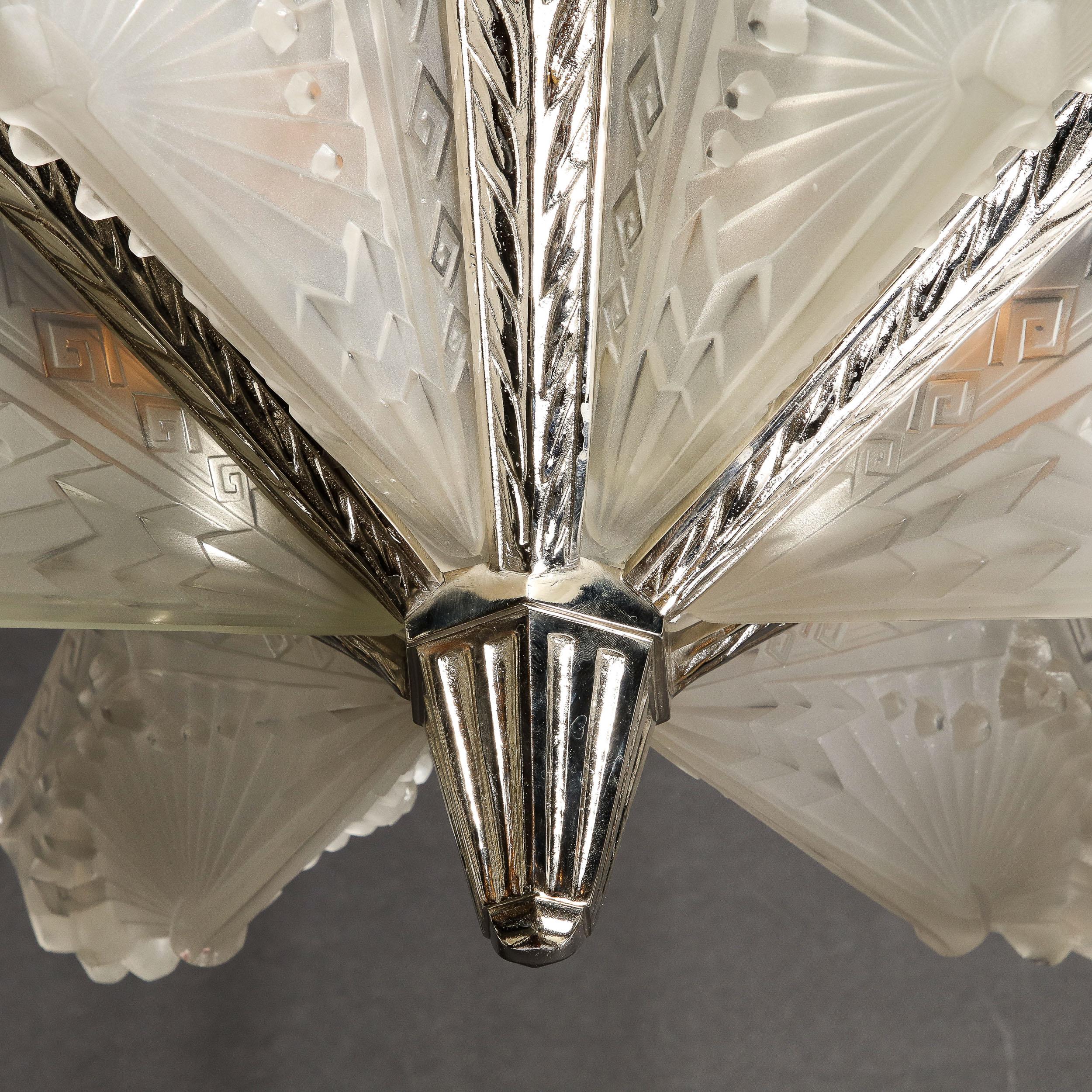 Art Deco Chandelier signed by Charles Schneider in Frosted Glass with Nickel 4