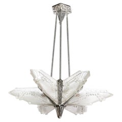 Art Deco Chandelier signed by Charles Schneider in Frosted Glass with Nickel