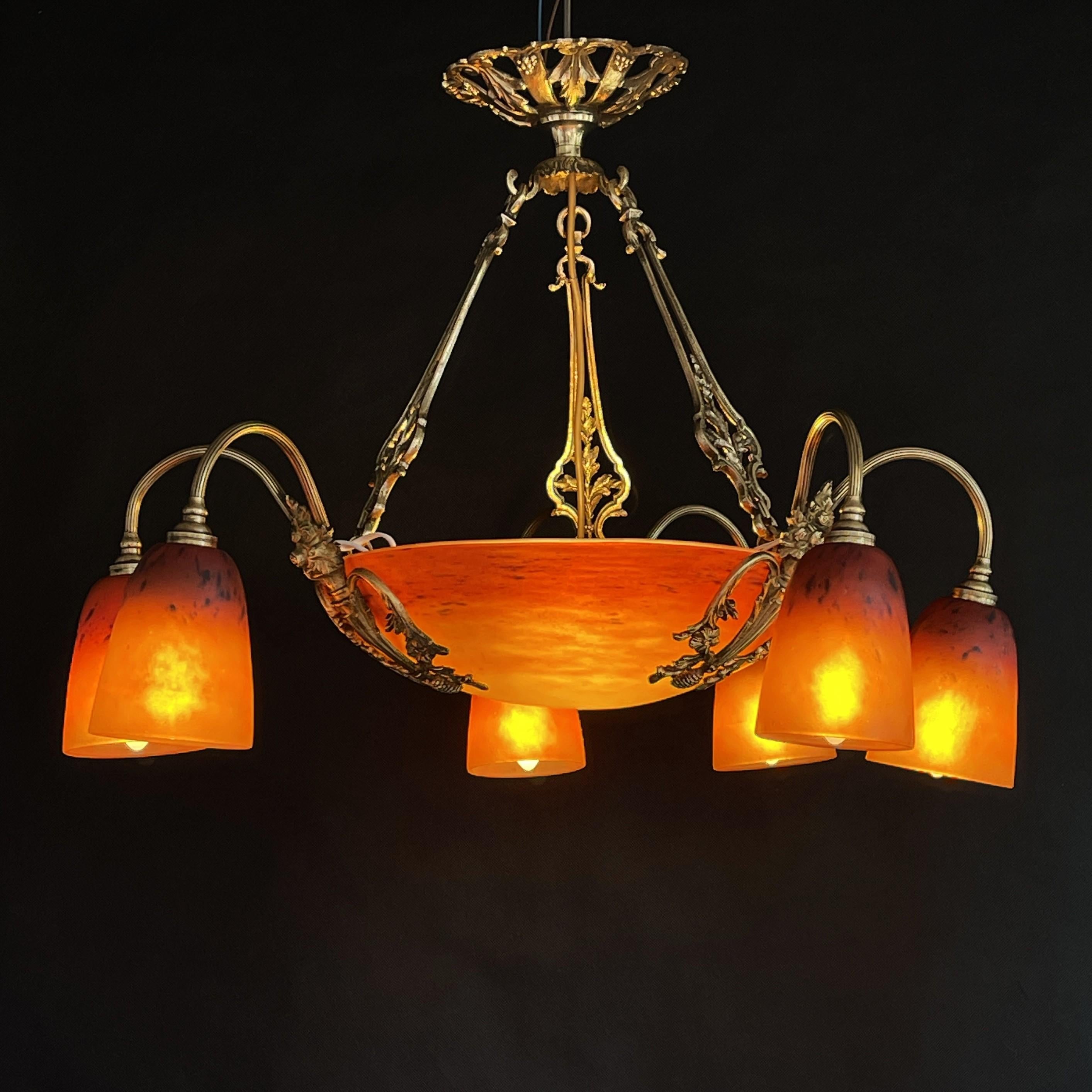 ART DECO Chandelier signed  by Schneider, pate de verre, Bronze, 1930s For Sale 5