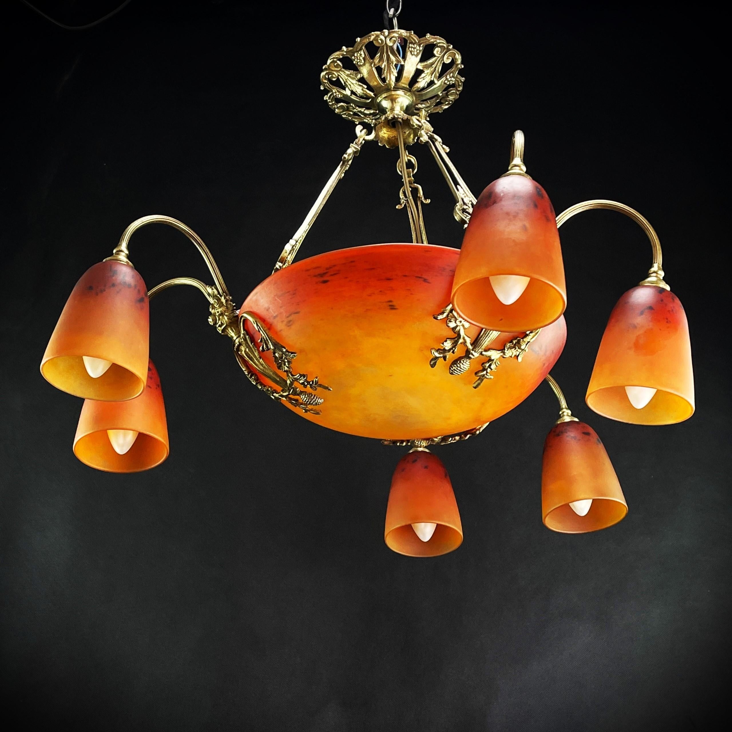 ART DECO Chandelier signed  by Schneider, pate de verre, Bronze, 1930s For Sale 1