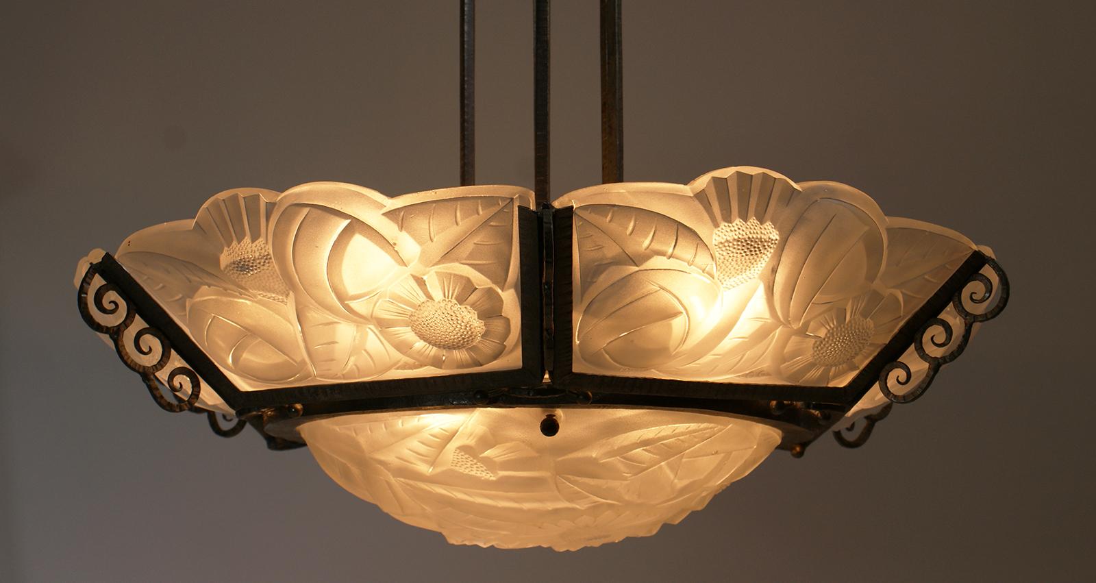French Art Deco Chandelier Signed Degué For Sale