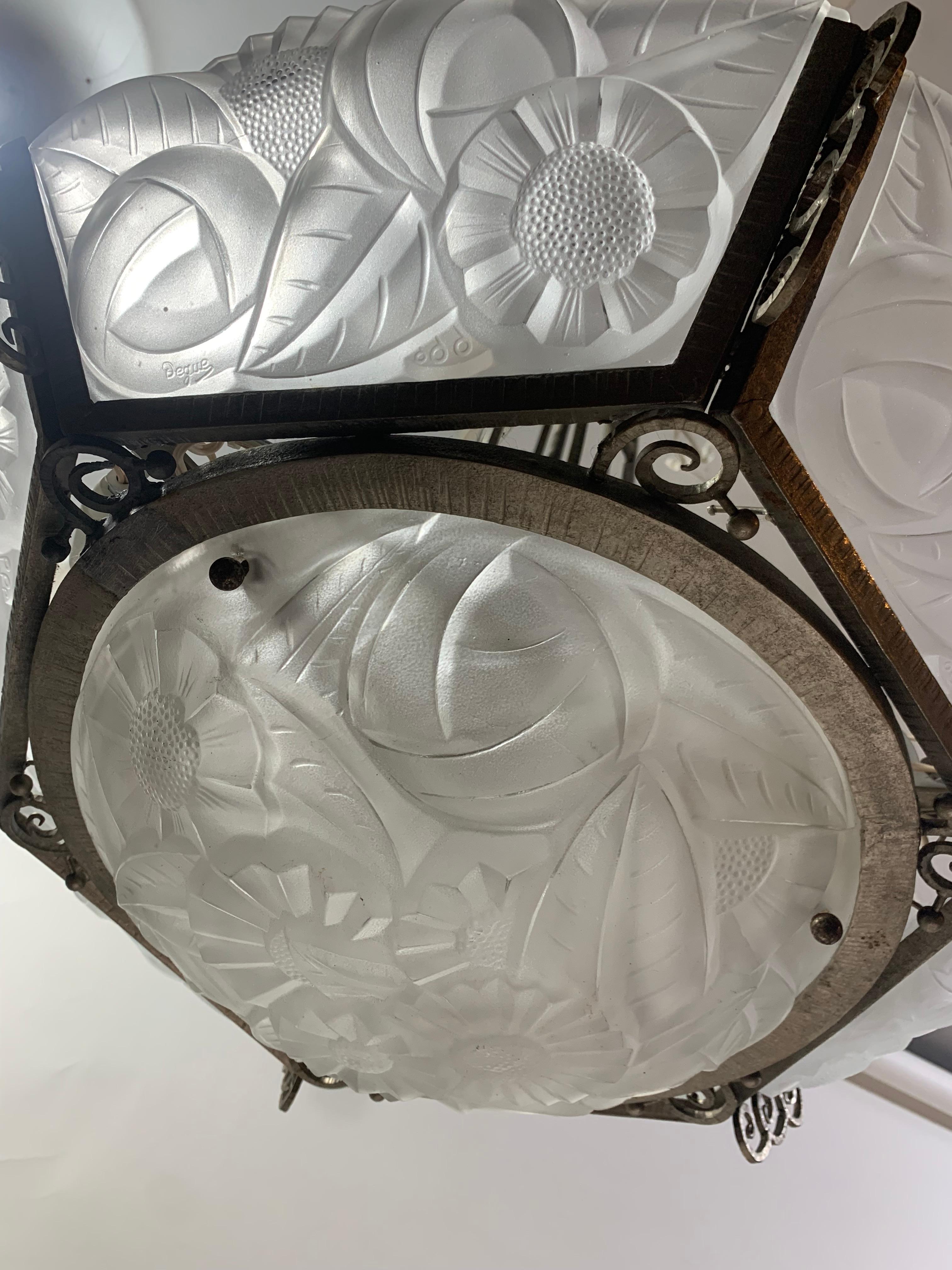 Frosted French Art Deco Chandelier Signed Degué For Sale