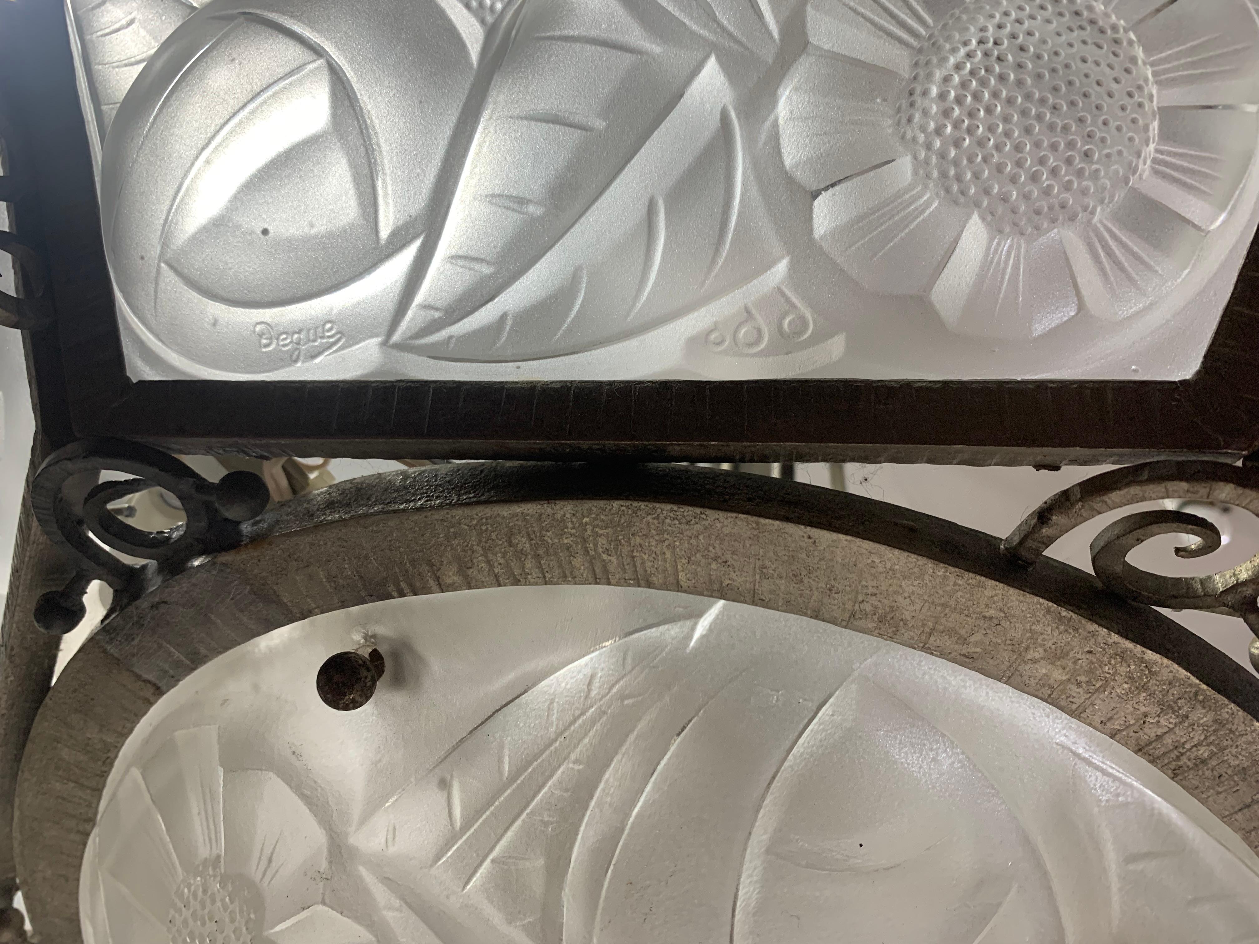 Frosted French Art Deco Chandelier Signed Degué For Sale