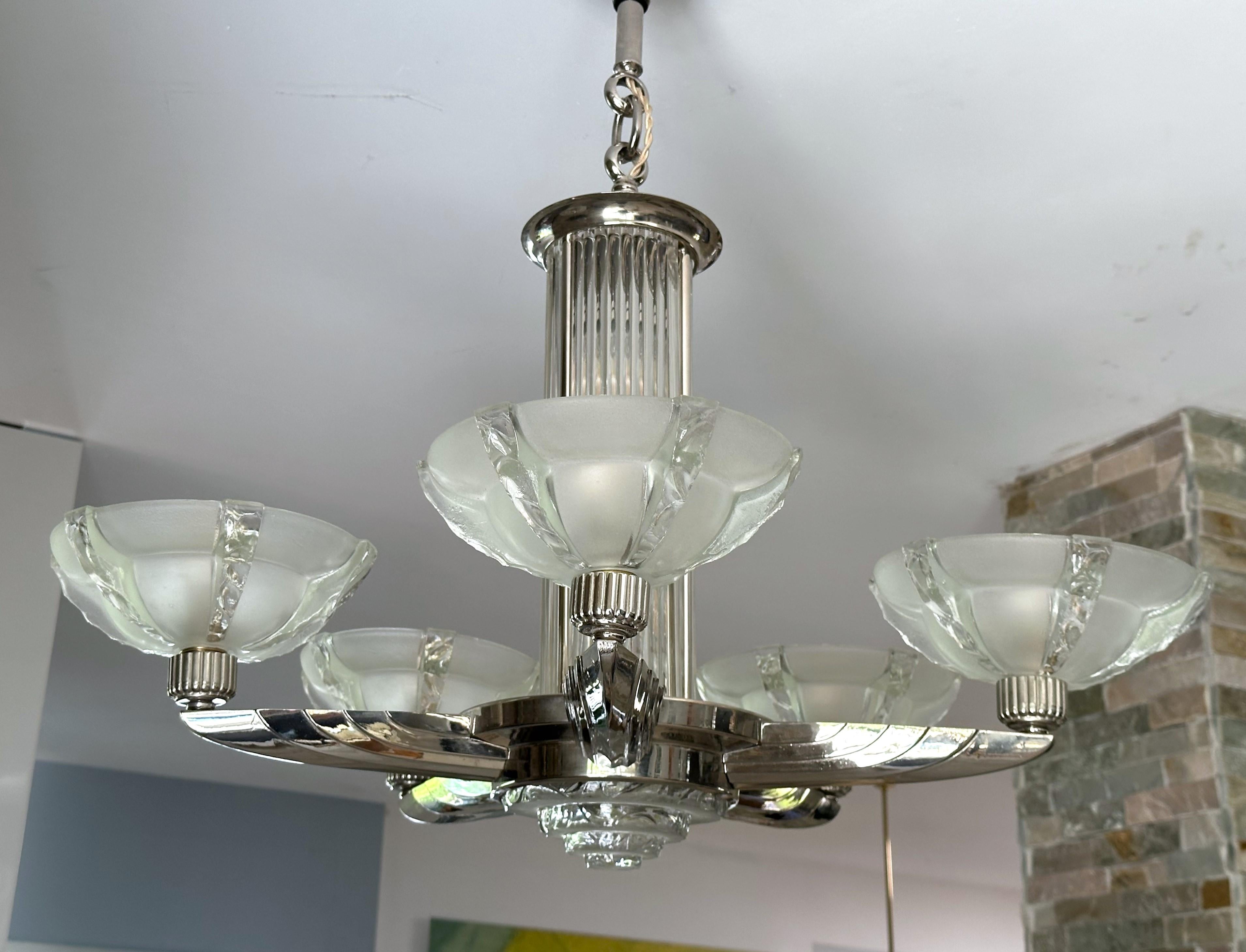 Art Glass Art Deco Chandelier signed Petitot, France 1935 For Sale