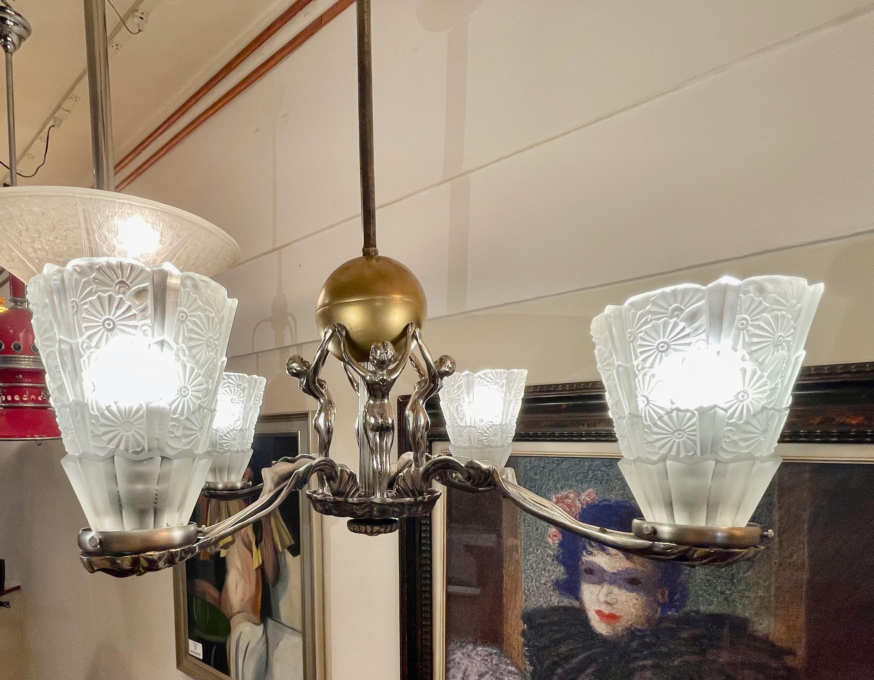 Art Deco Chandelier Silver Plated Female Decobelles In Good Condition In Oakland, CA