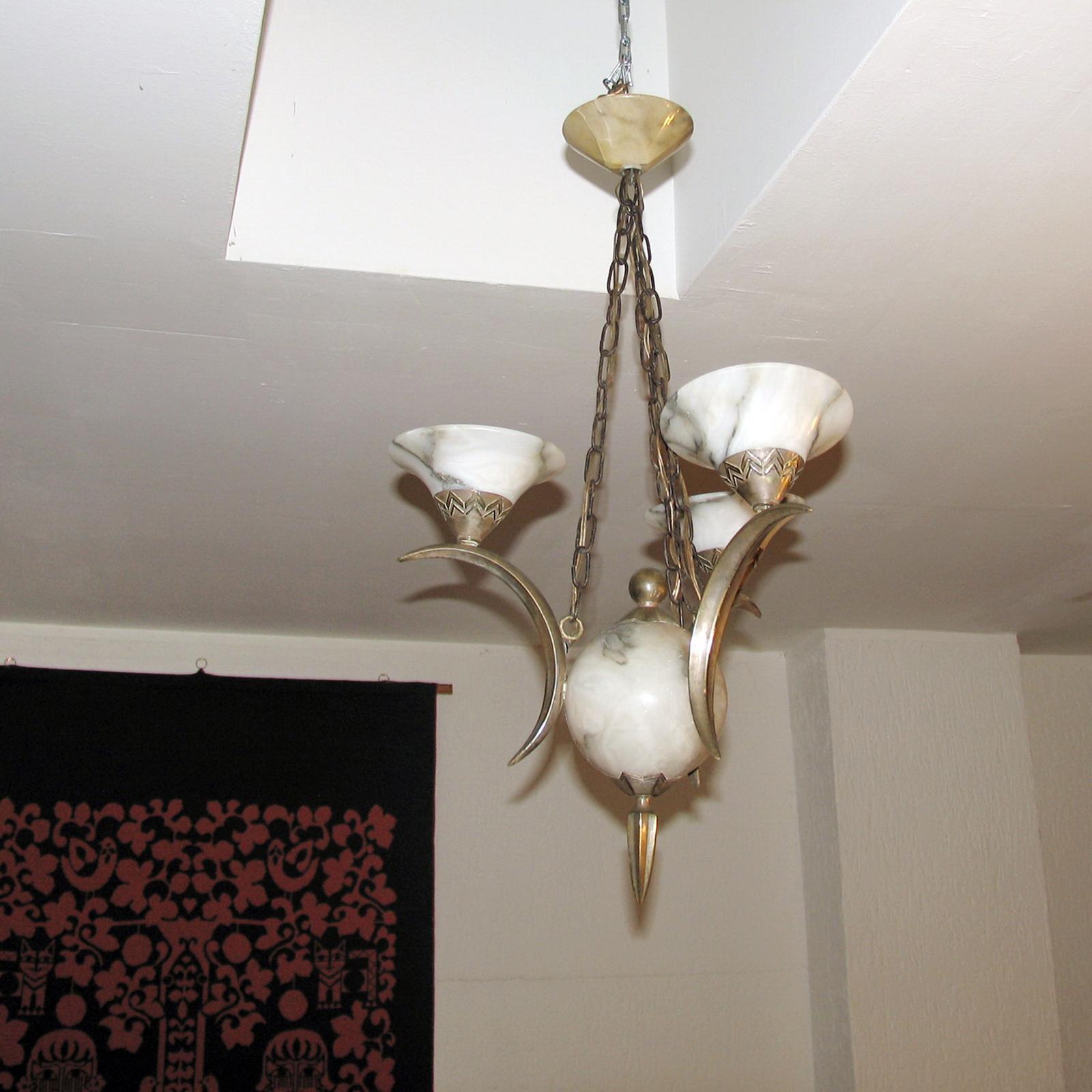 Early 20th Century Art Deco Chandelier Silvered Bronze and Alabaster Attributed to Simonet Freres For Sale