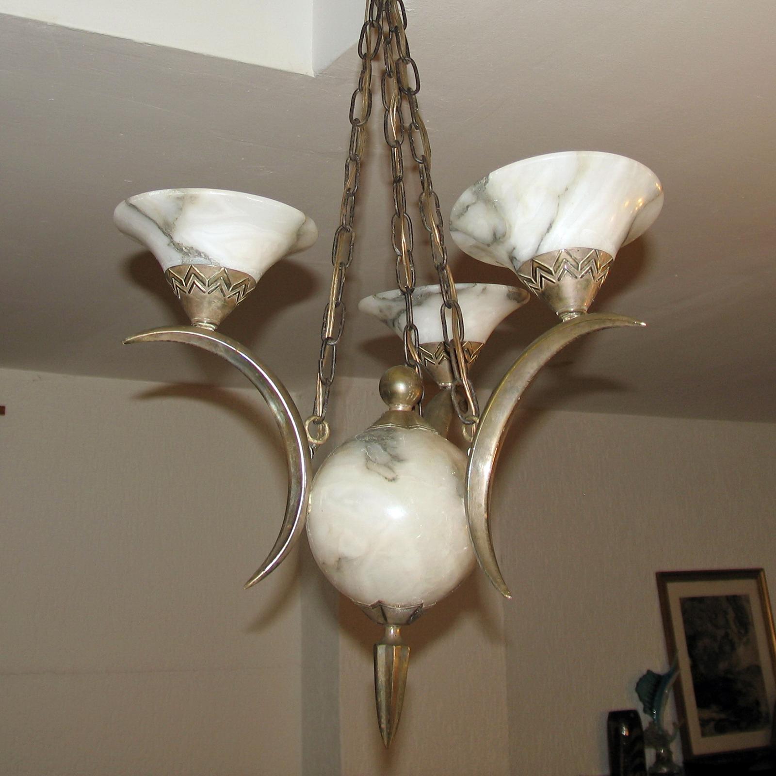 Art Deco Chandelier Silvered Bronze and Alabaster Attributed to Simonet Freres For Sale 1
