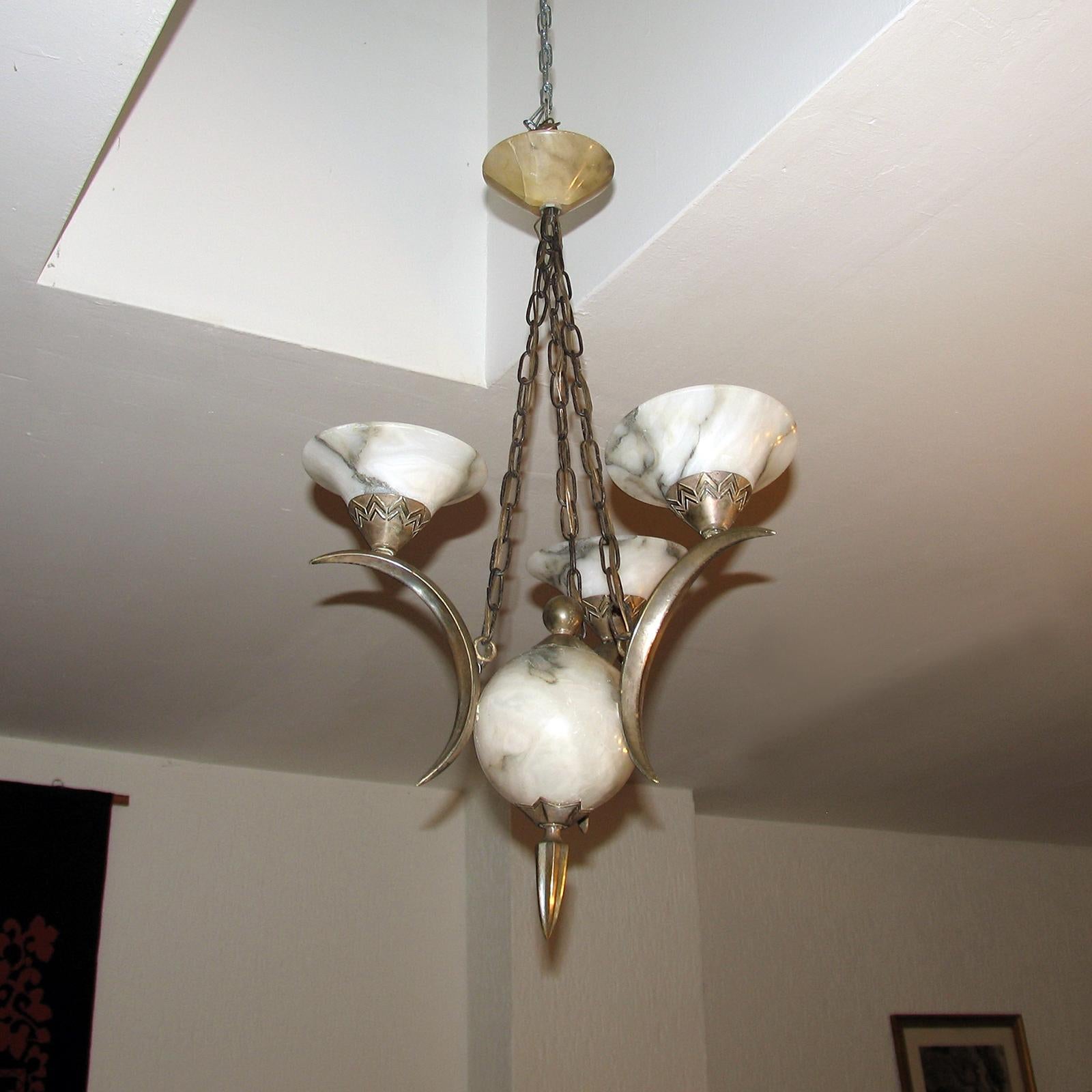 Art Deco Chandelier Silvered Bronze and Alabaster Attributed to Simonet Freres For Sale 2