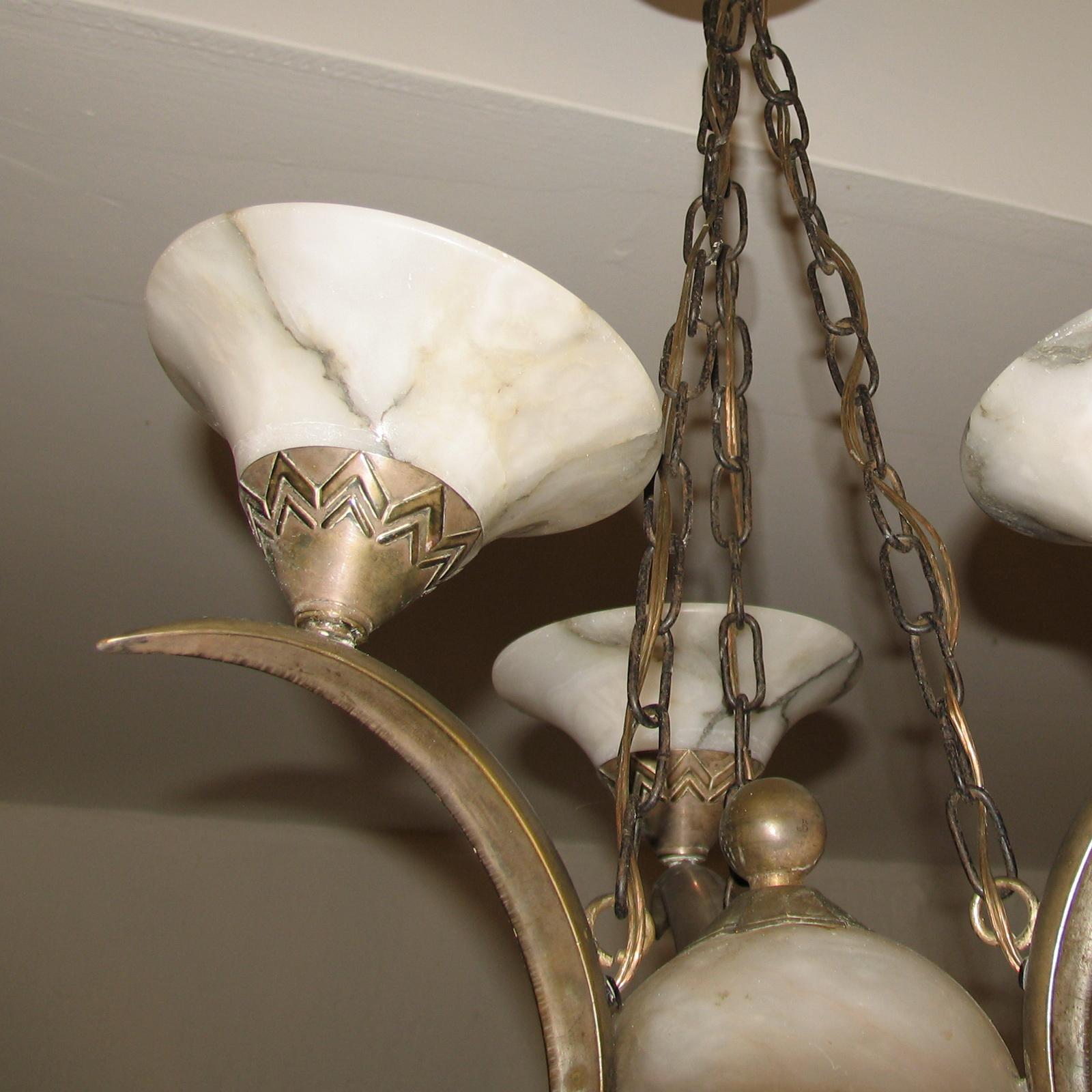 Art Deco Chandelier Silvered Bronze and Alabaster Attributed to Simonet Freres For Sale 3