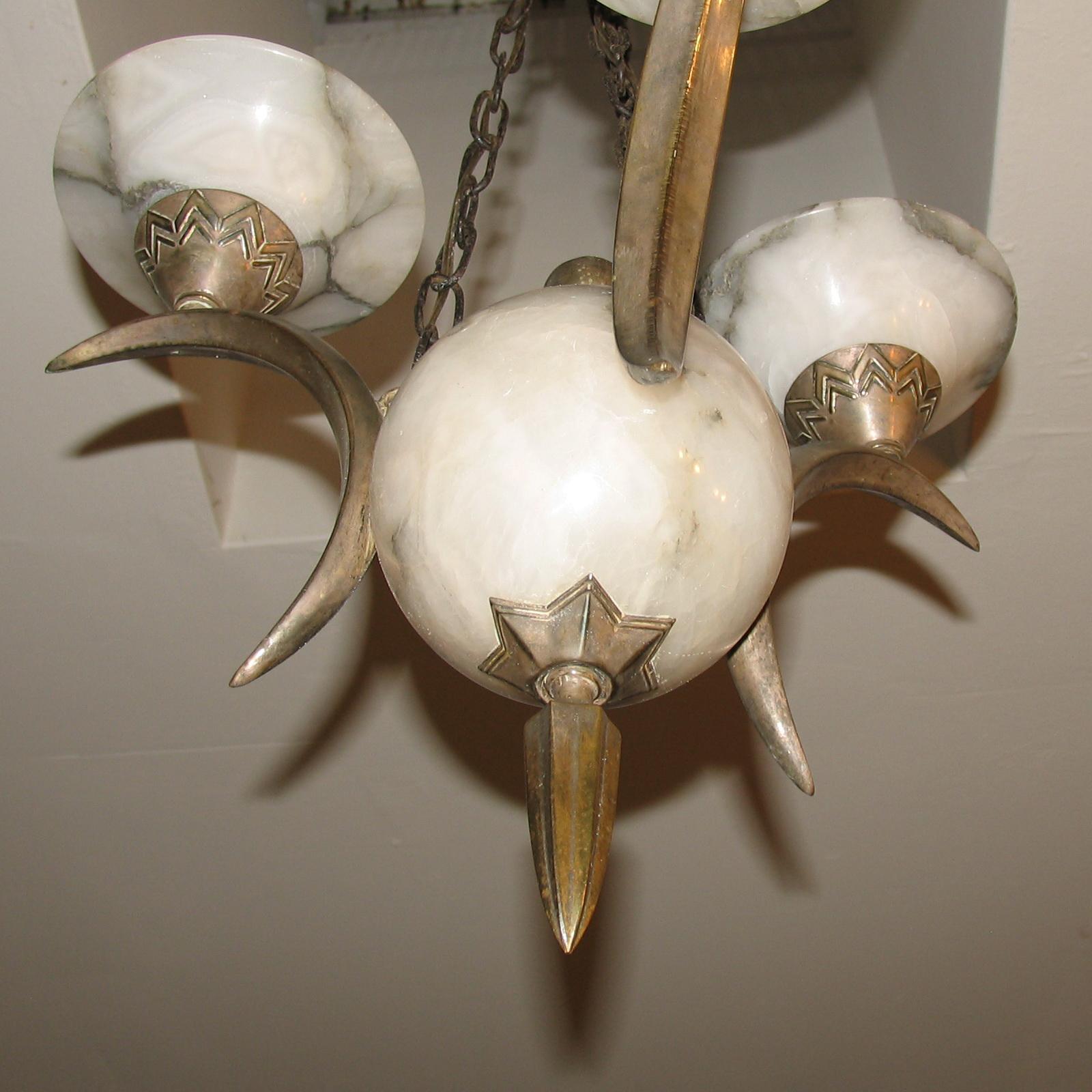 Art Deco Chandelier Silvered Bronze and Alabaster Attributed to Simonet Freres For Sale 4