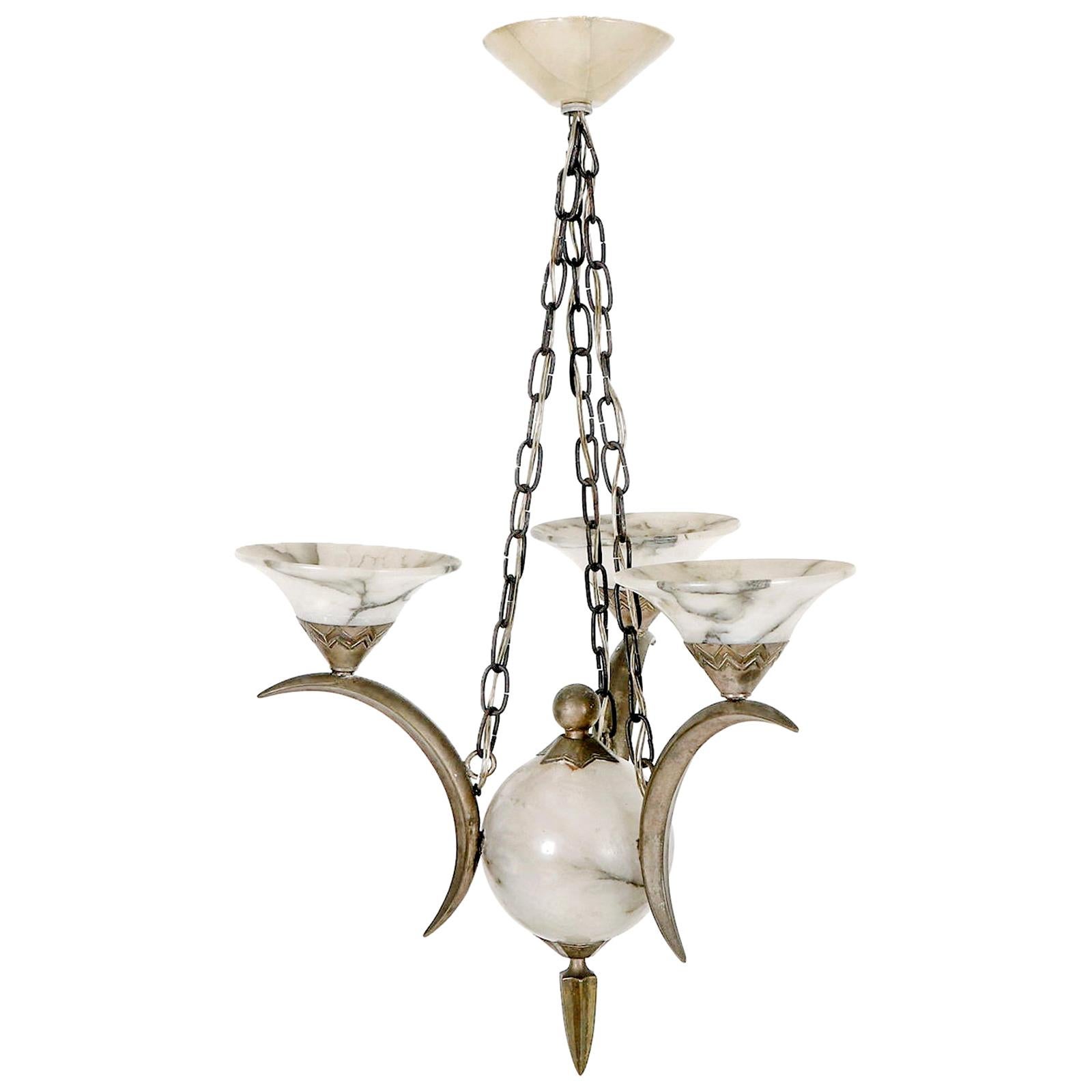 Art Deco Chandelier Silvered Bronze and Alabaster Attributed to Simonet Freres For Sale