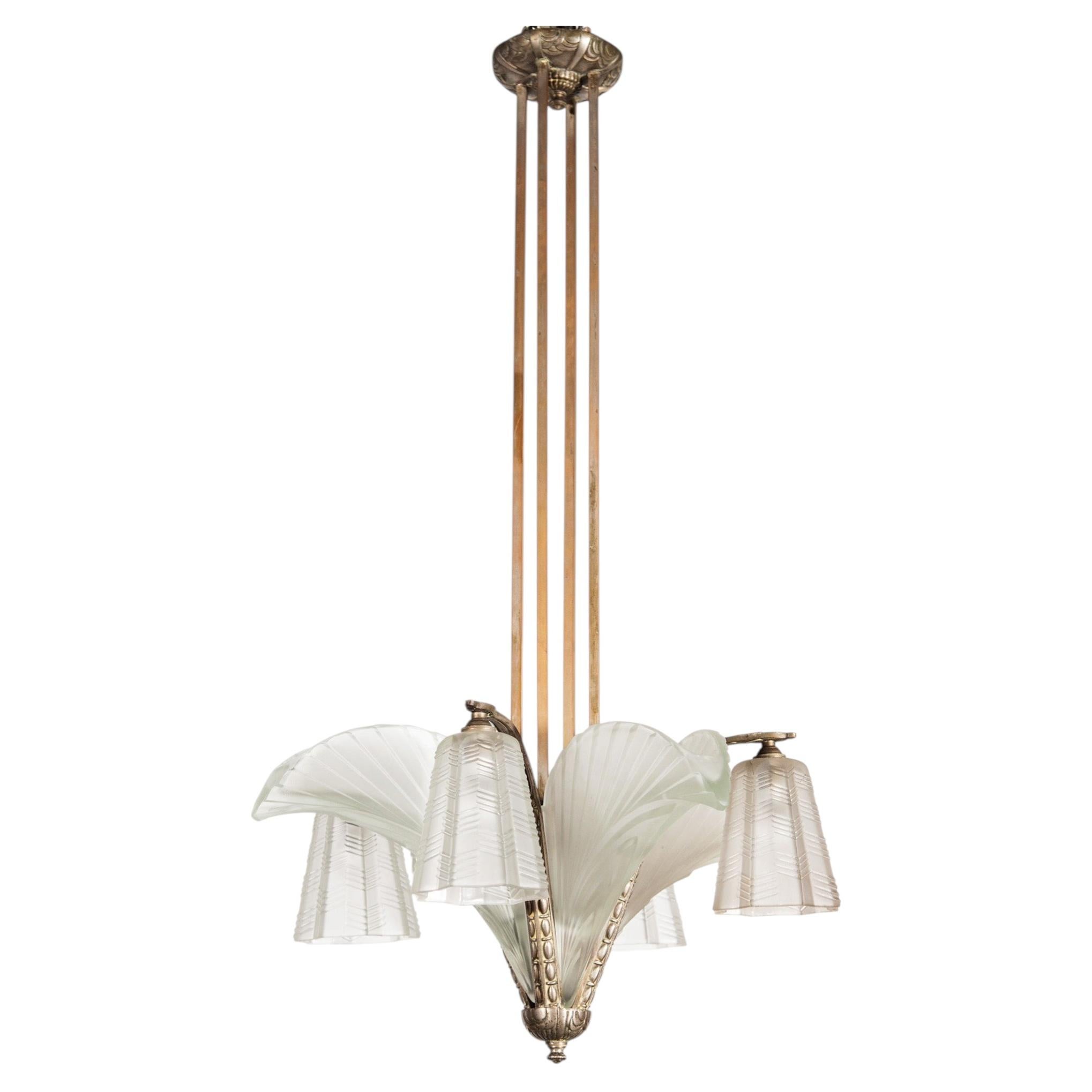 Art Deco Chandelier, Silvered Bronze & Art Glass, France, 1930