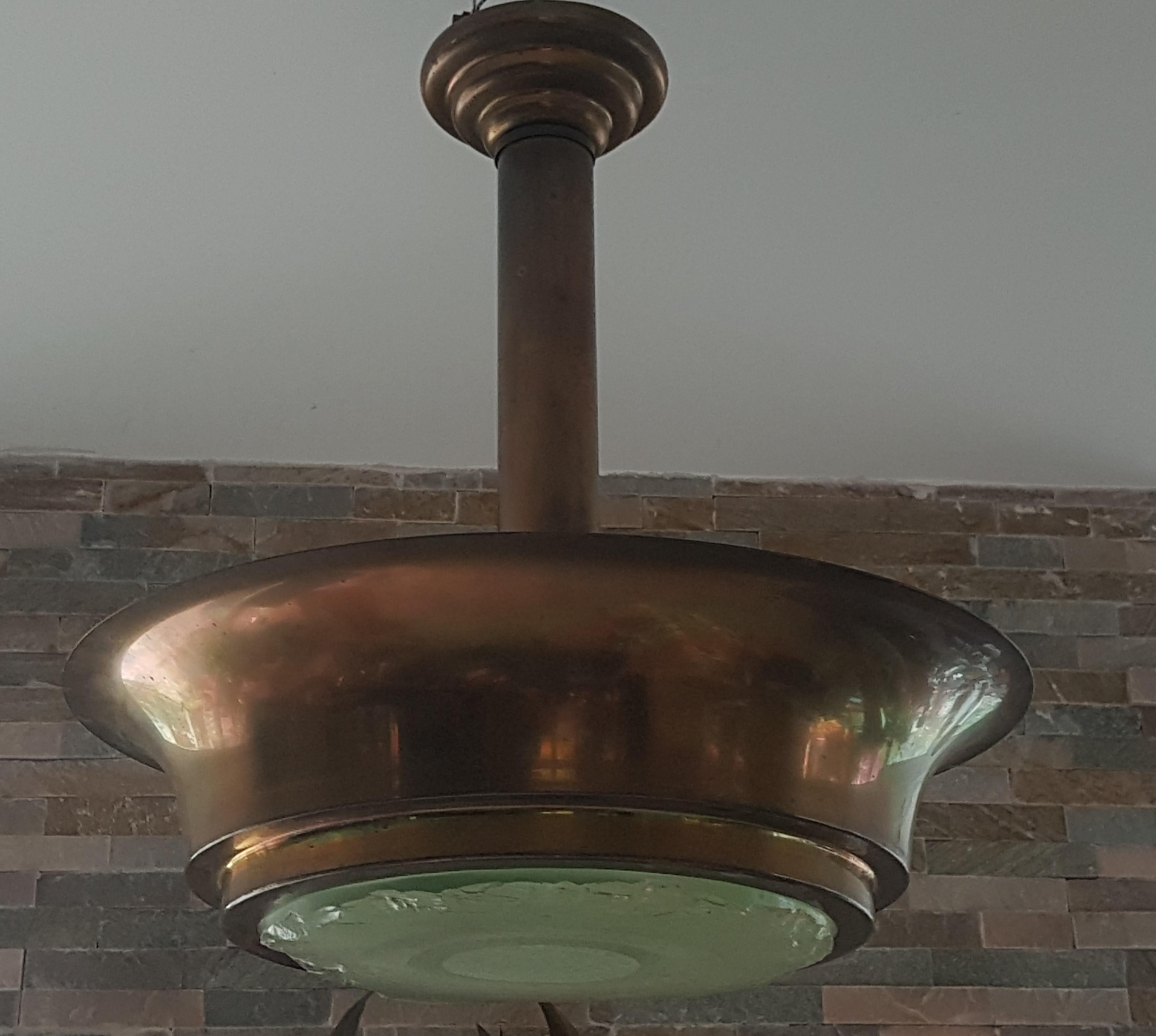 Brass Art Deco Chandelier Style Perzel with Saint Gobain Glass, France, 1940