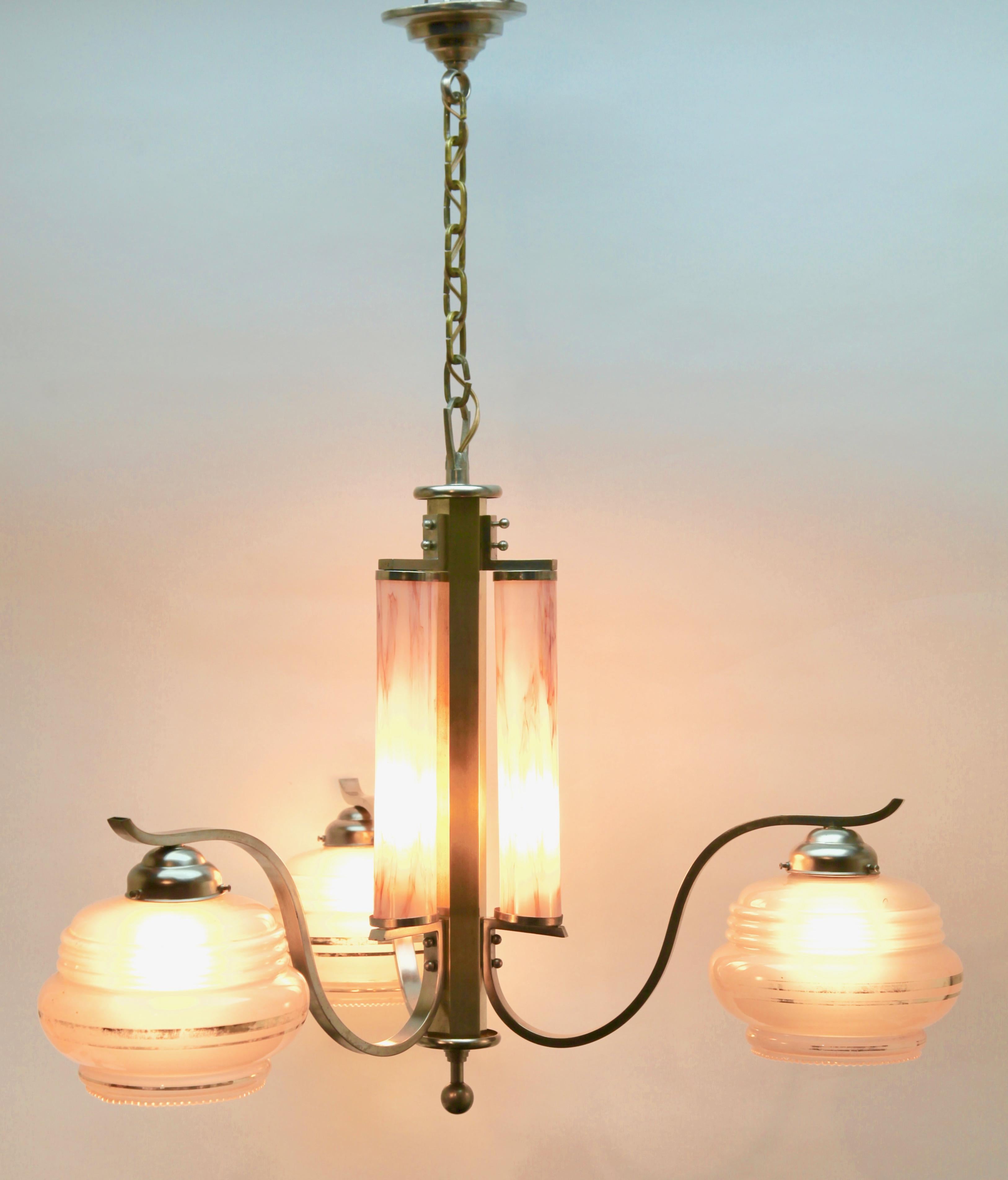 Mid-Century Modern Art Deco Chandelier Three Arms Chrome, in the Style of Kalmar For Sale