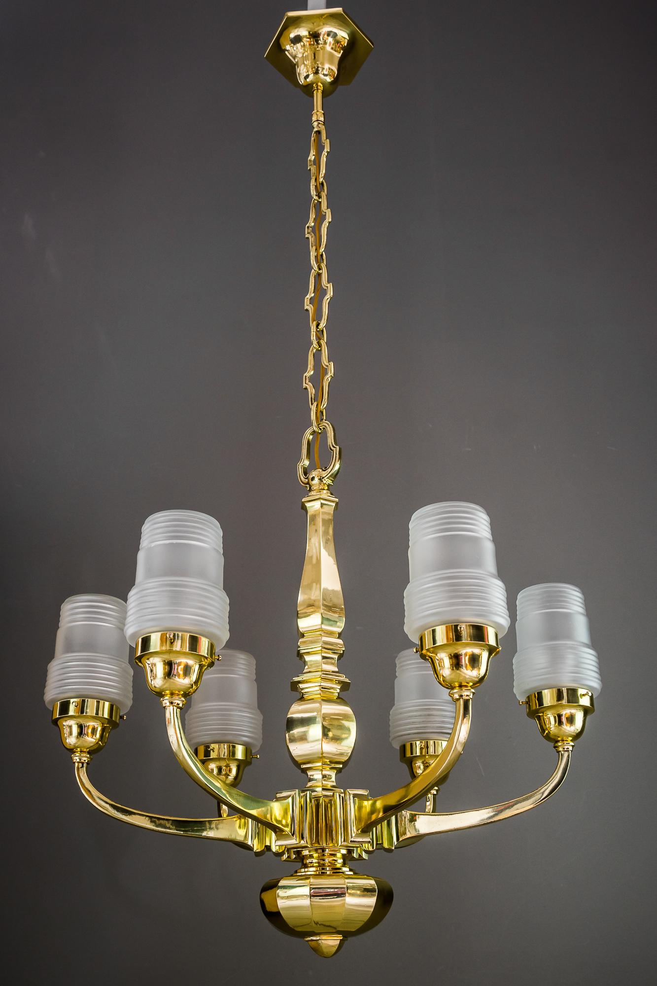 Polished Art Deco Chandelier Vienna 1920s with Original Glass Shades For Sale