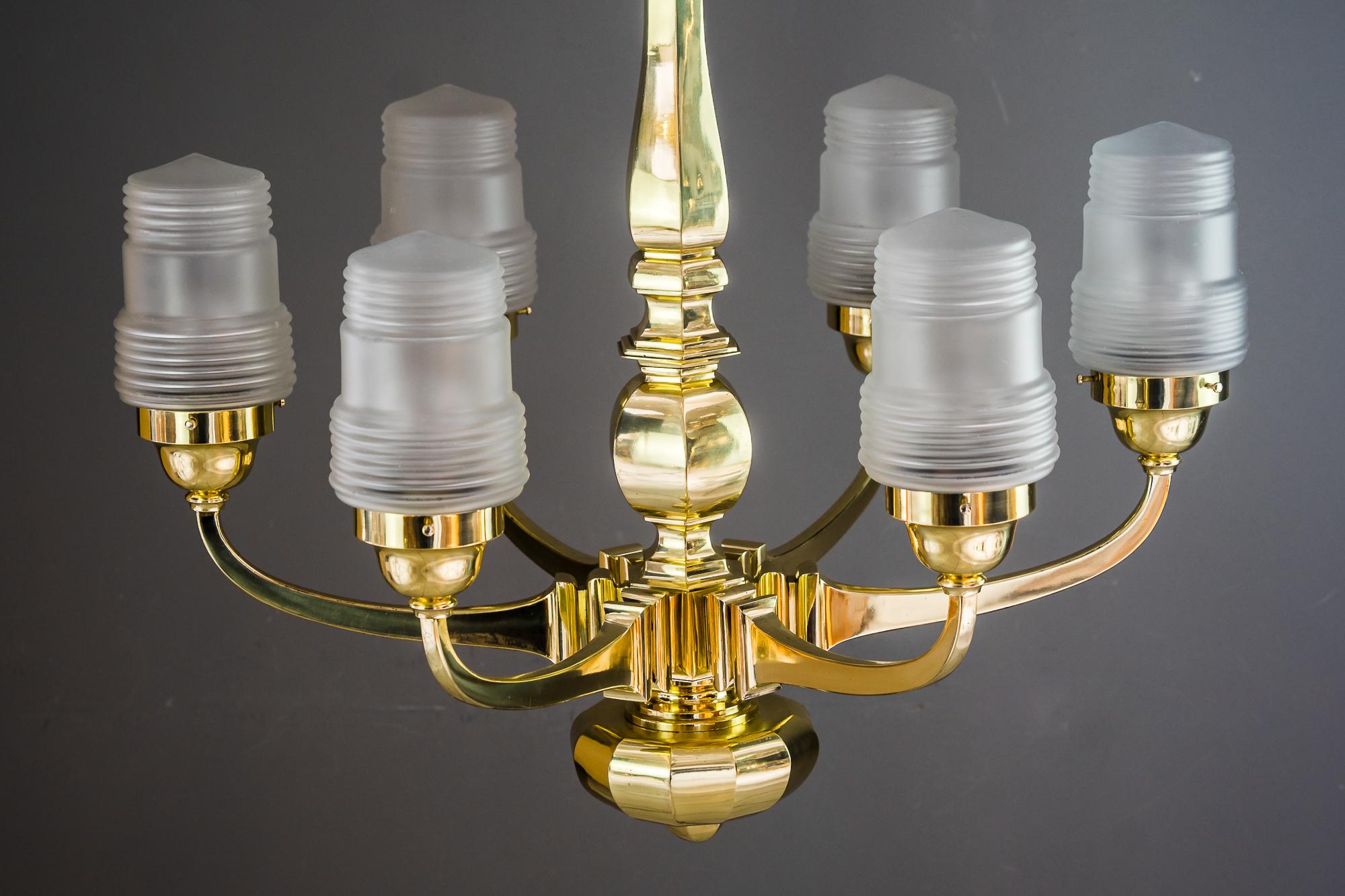 Early 20th Century Art Deco Chandelier Vienna 1920s with Original Glass Shades For Sale