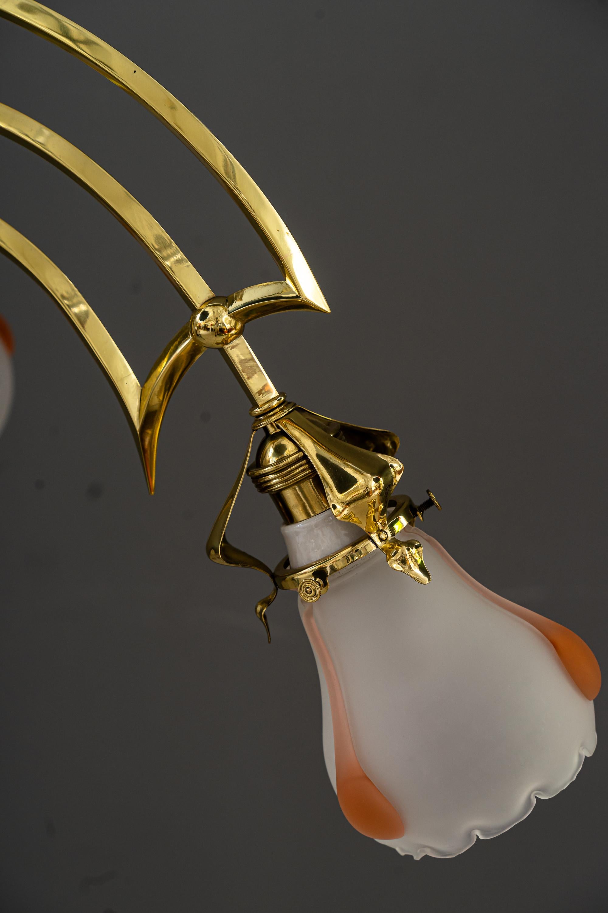 Brass Art Deco Chandelier Vienna with Glass Shades Around 1920s For Sale