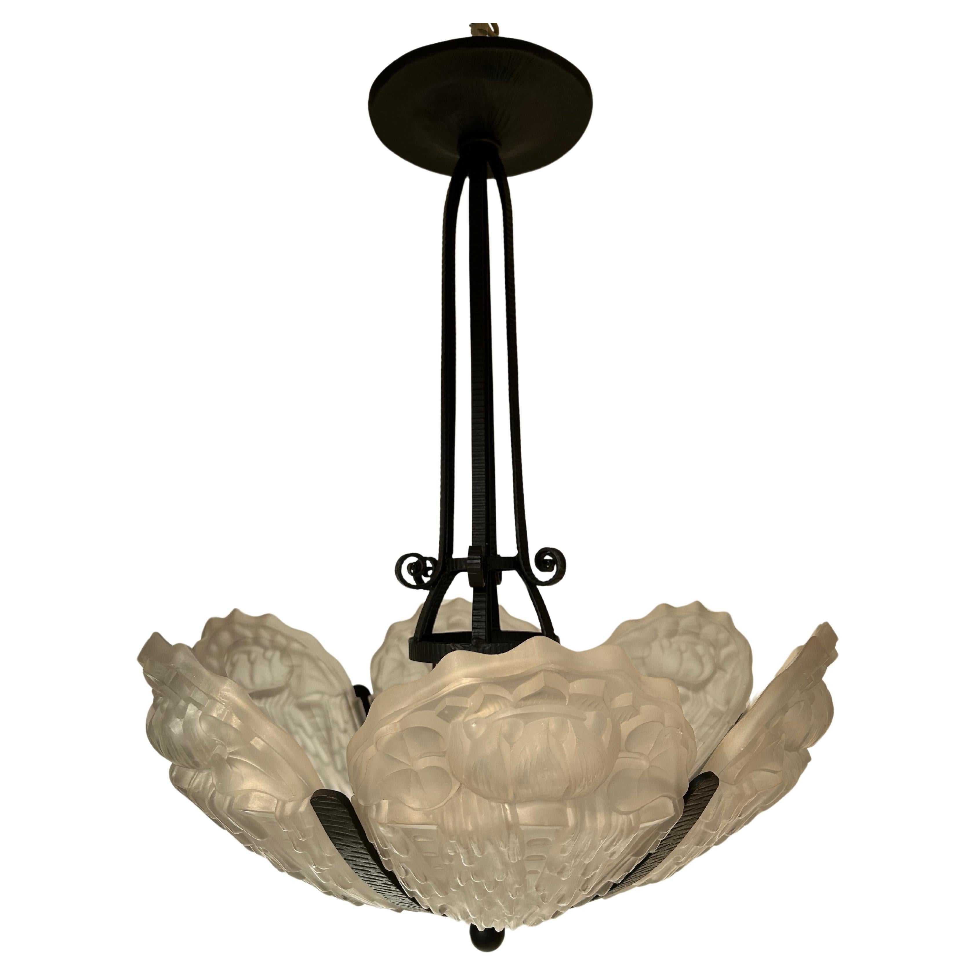 Art Deco Chandelier With 6 Molded Glass Plates Morin Et Cie For Sale