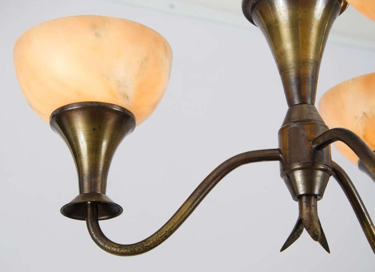 French Art Deco Chandelier with Alabaster Shades and Brass For Sale