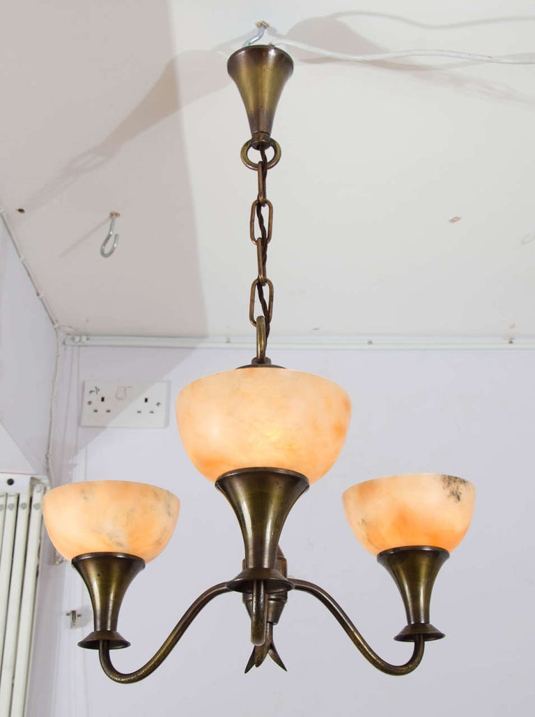 Art Deco Chandelier with Alabaster Shades and Brass In Excellent Condition For Sale In London, GB