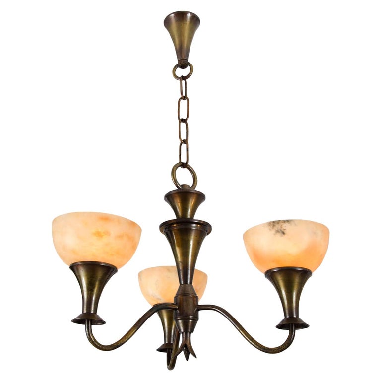 Art Deco Chandelier with Alabaster Shades and Brass For Sale