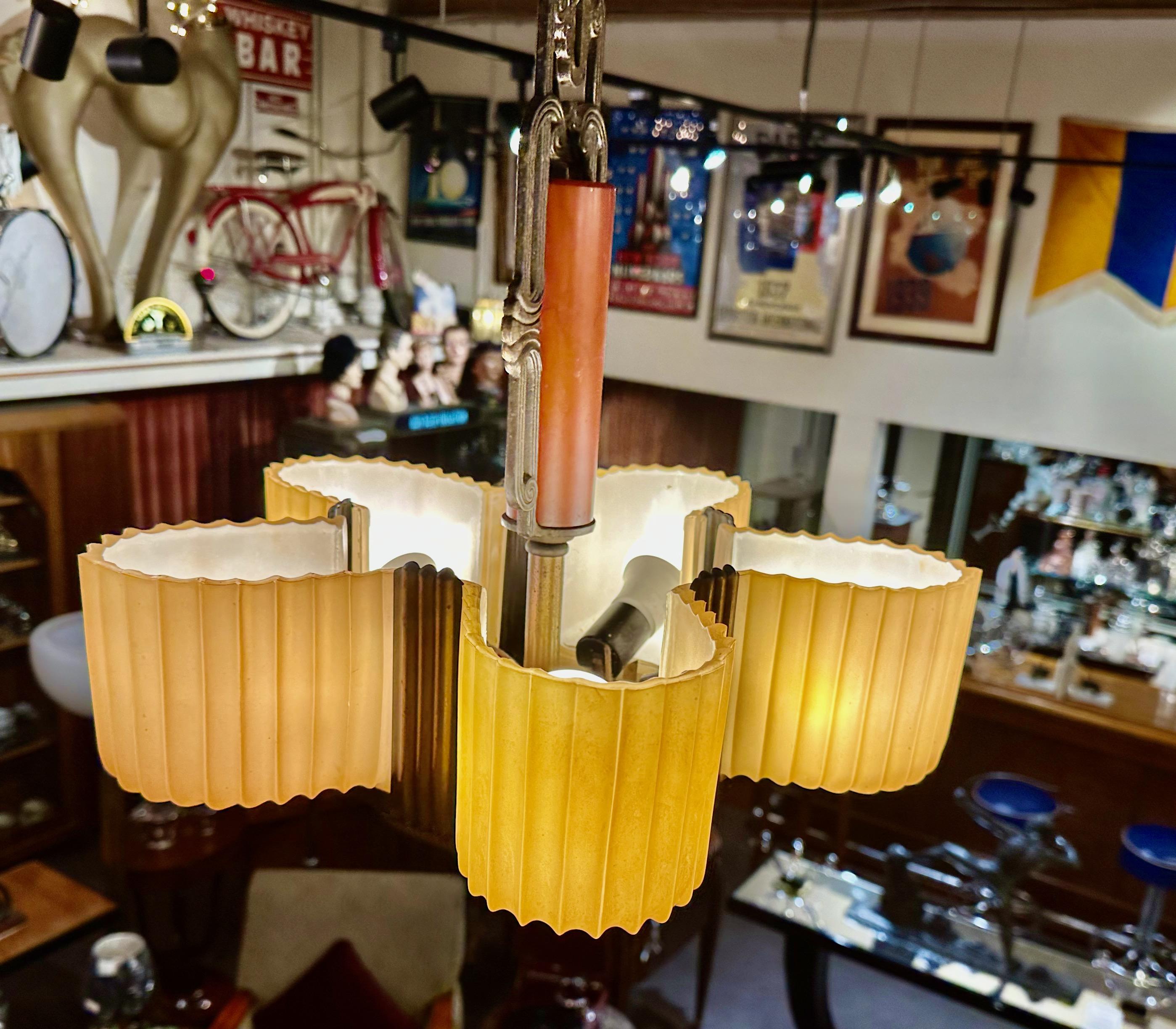 Art Deco Chandelier with Bakelite and Faceted Slip Shade Glass 3 Matching 3