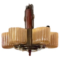 Vintage Art Deco Chandelier with Bakelite and Faceted Slip Shade Glass 3 Matching