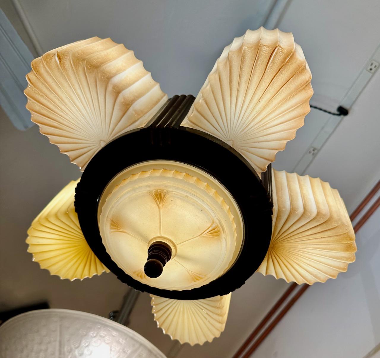 Art Deco Chandelier with Bakelite and Faceted Slip Shade Glass In Good Condition In Oakland, CA