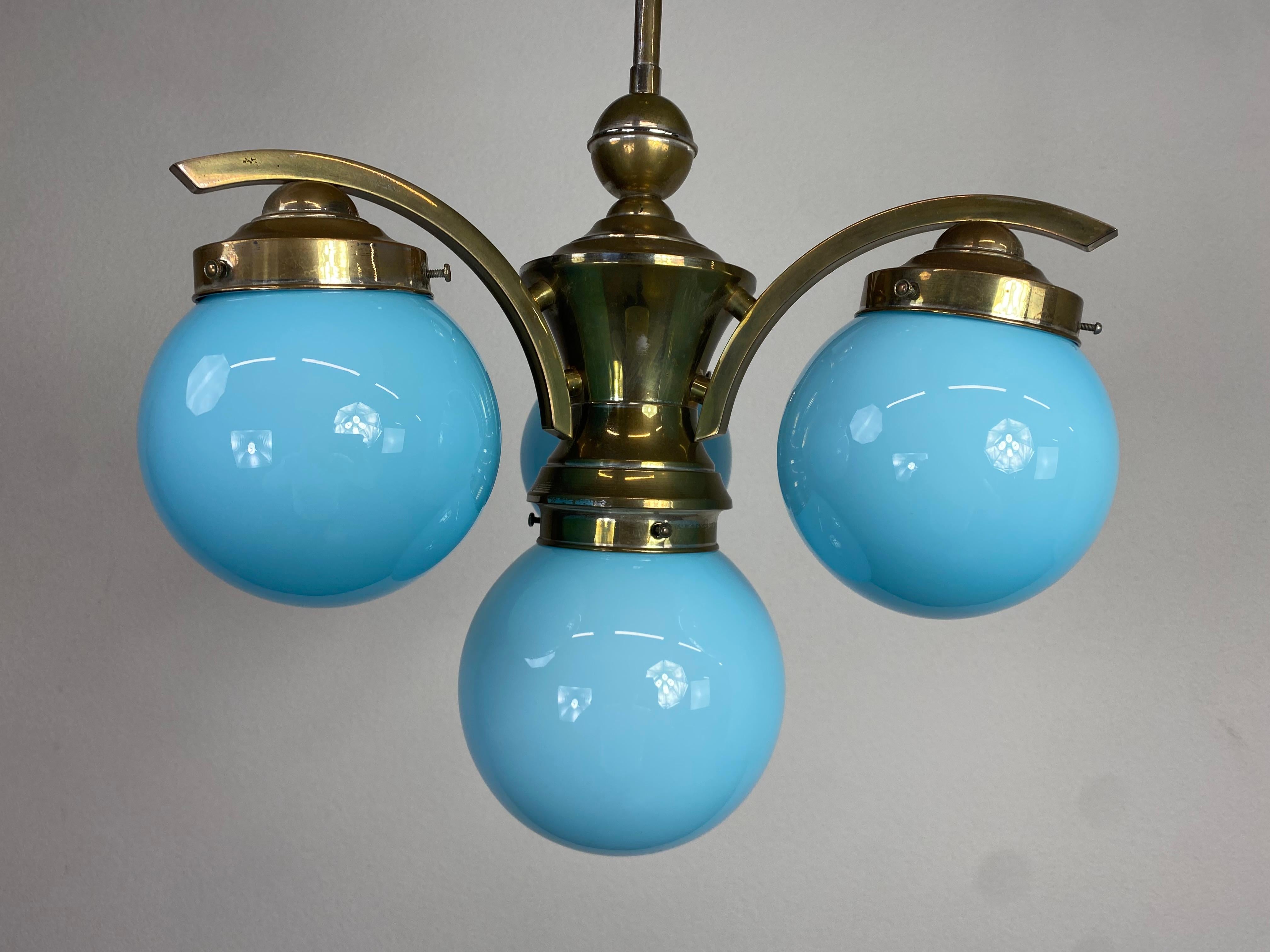 Art Deco Art deco chandelier with blue lampshades For Sale