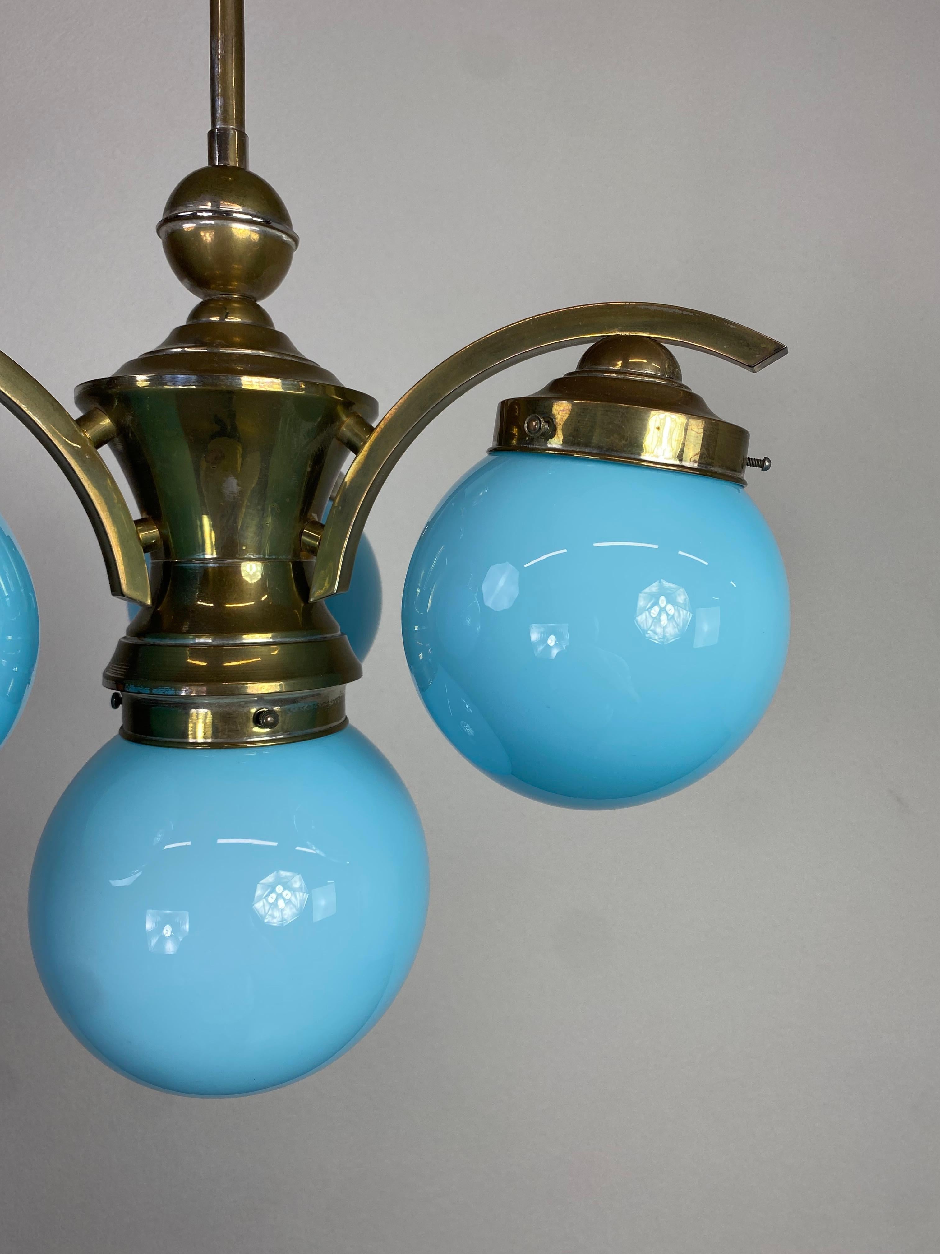 Art deco chandelier with blue lampshades In Good Condition For Sale In Banská Štiavnica, SK