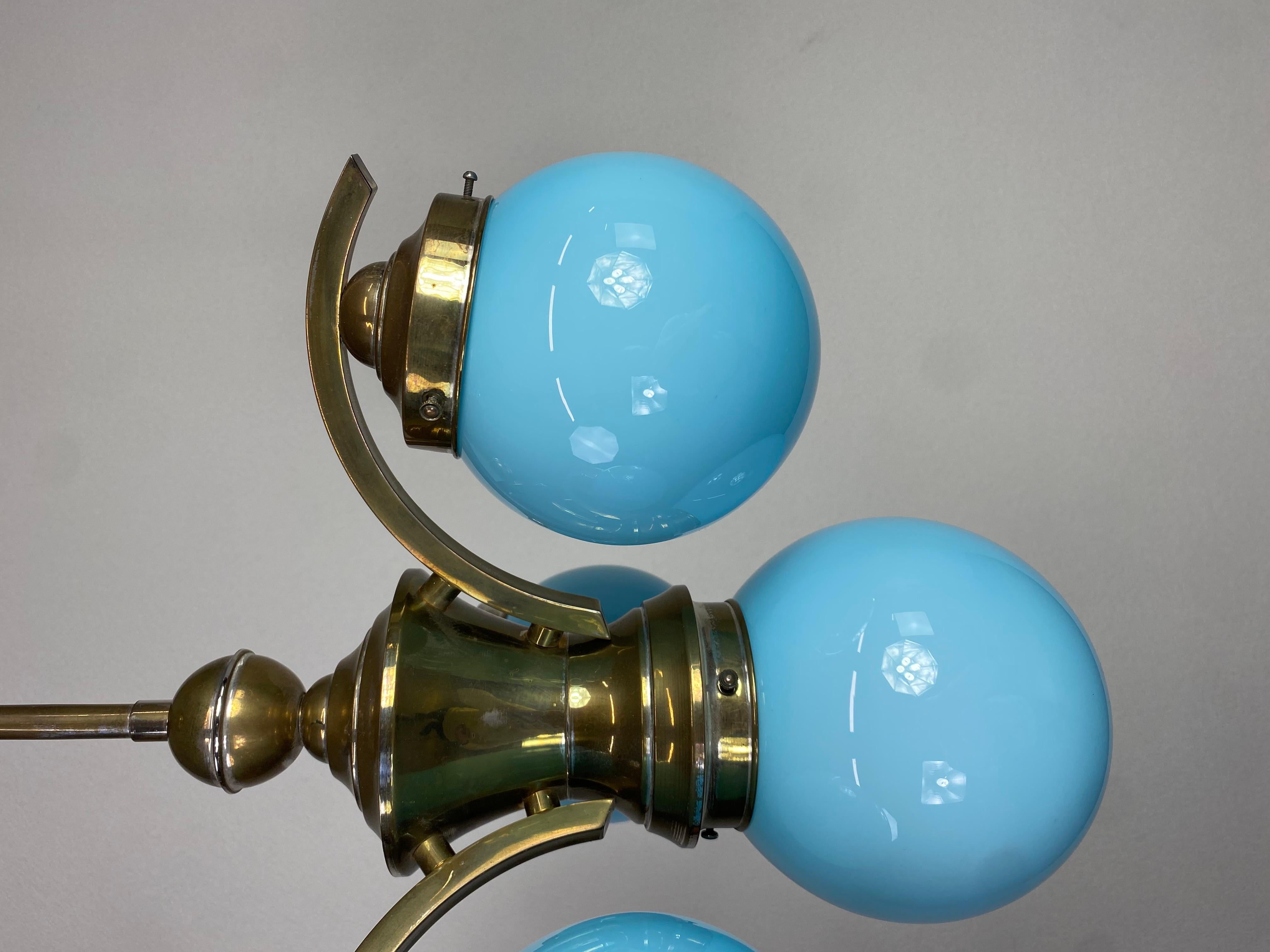 Art deco chandelier with blue lampshades In Good Condition For Sale In Banská Štiavnica, SK